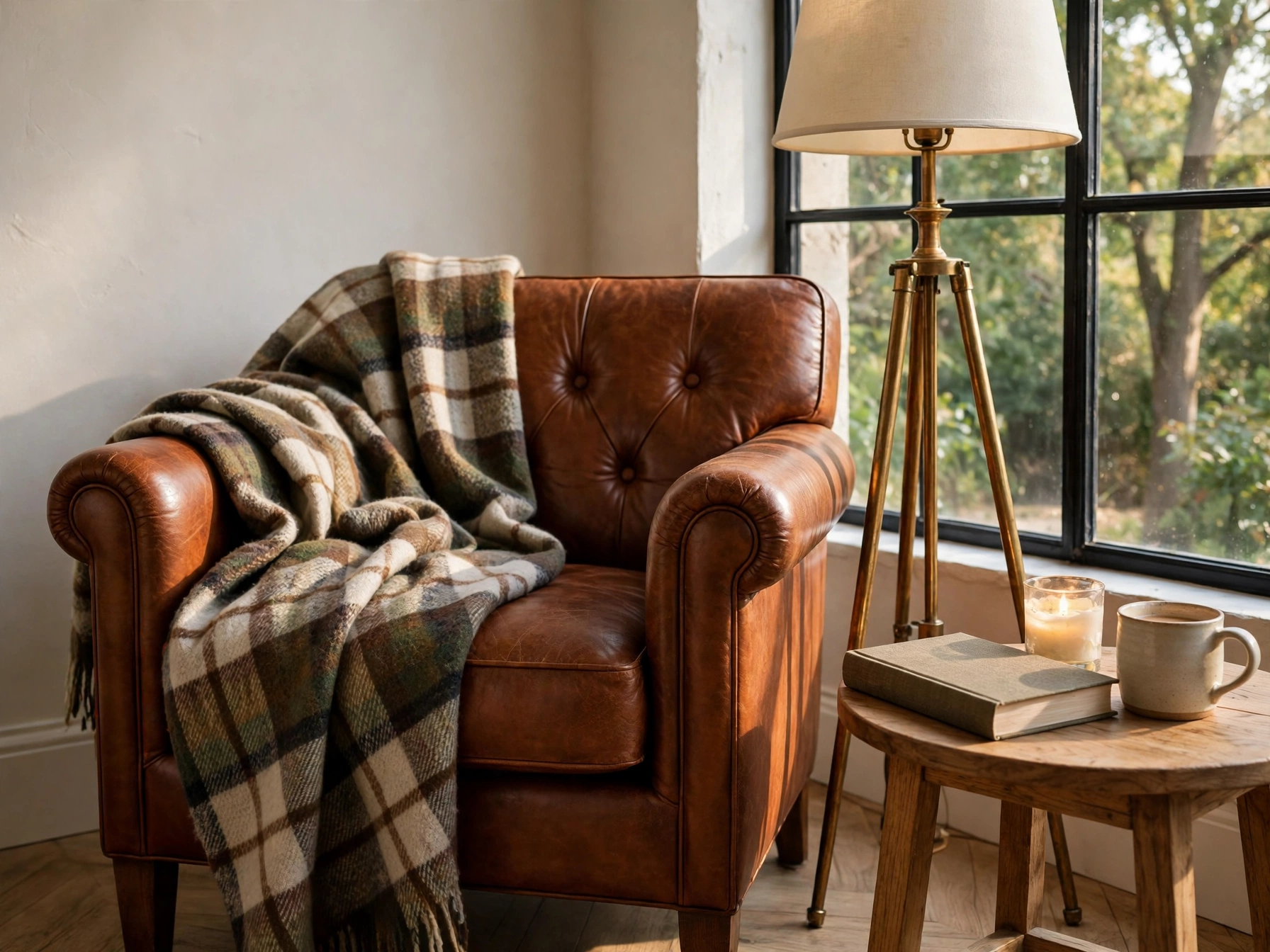 Fall reading nook with an armchair, floor lamp and plaid blanket