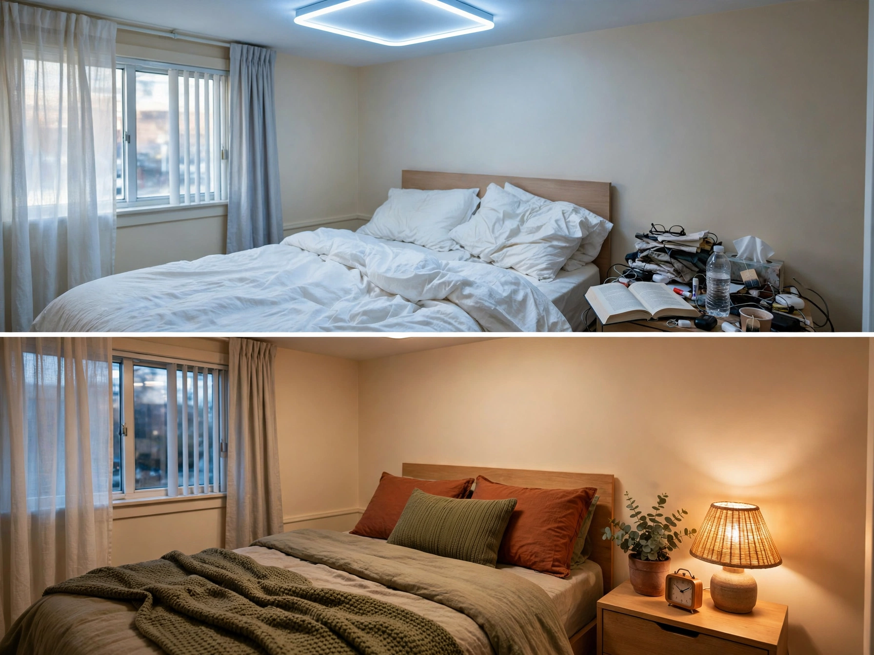 Before and after of a 15-minute fall bedroom reset