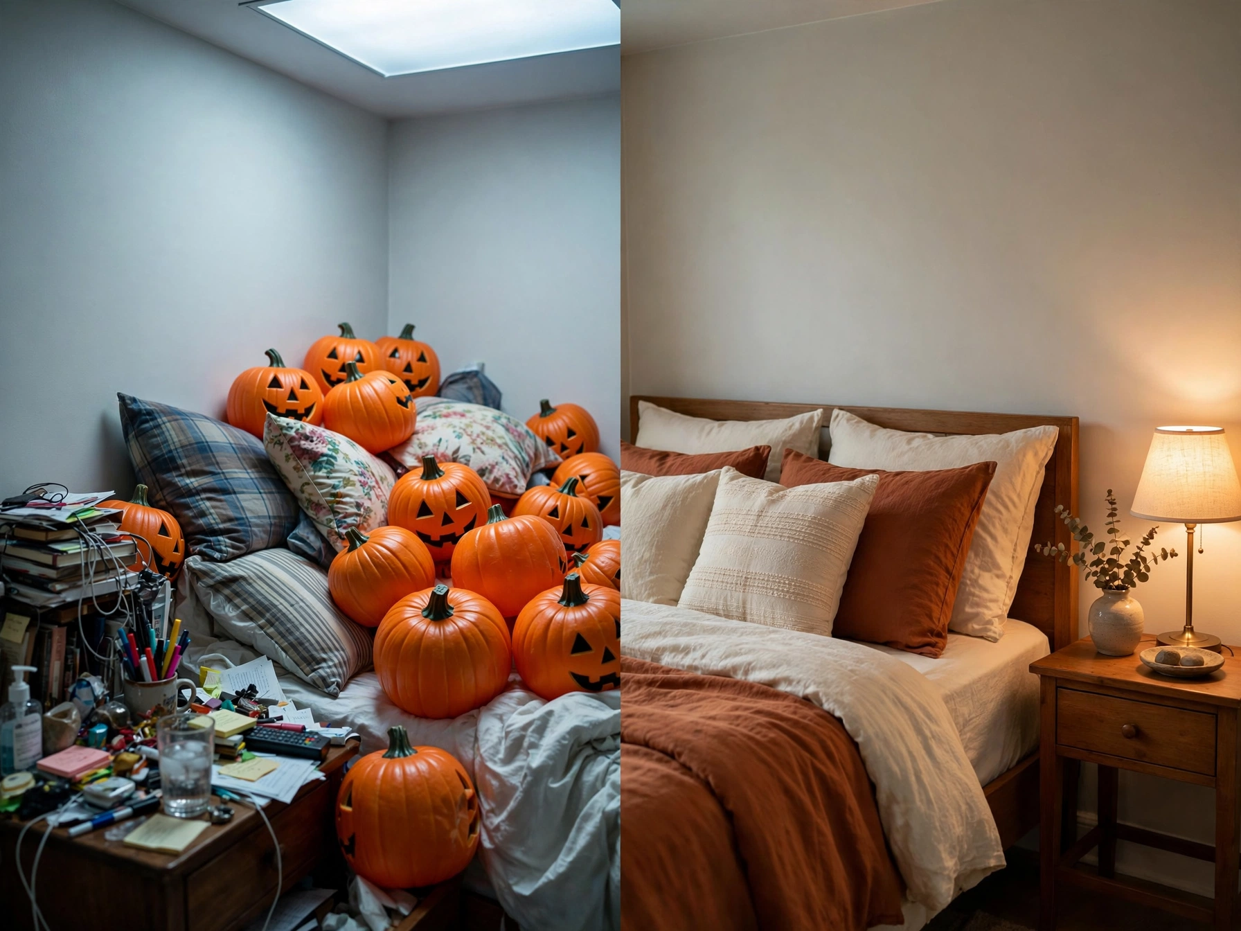 Cluttered and calm fall bedrooms compared