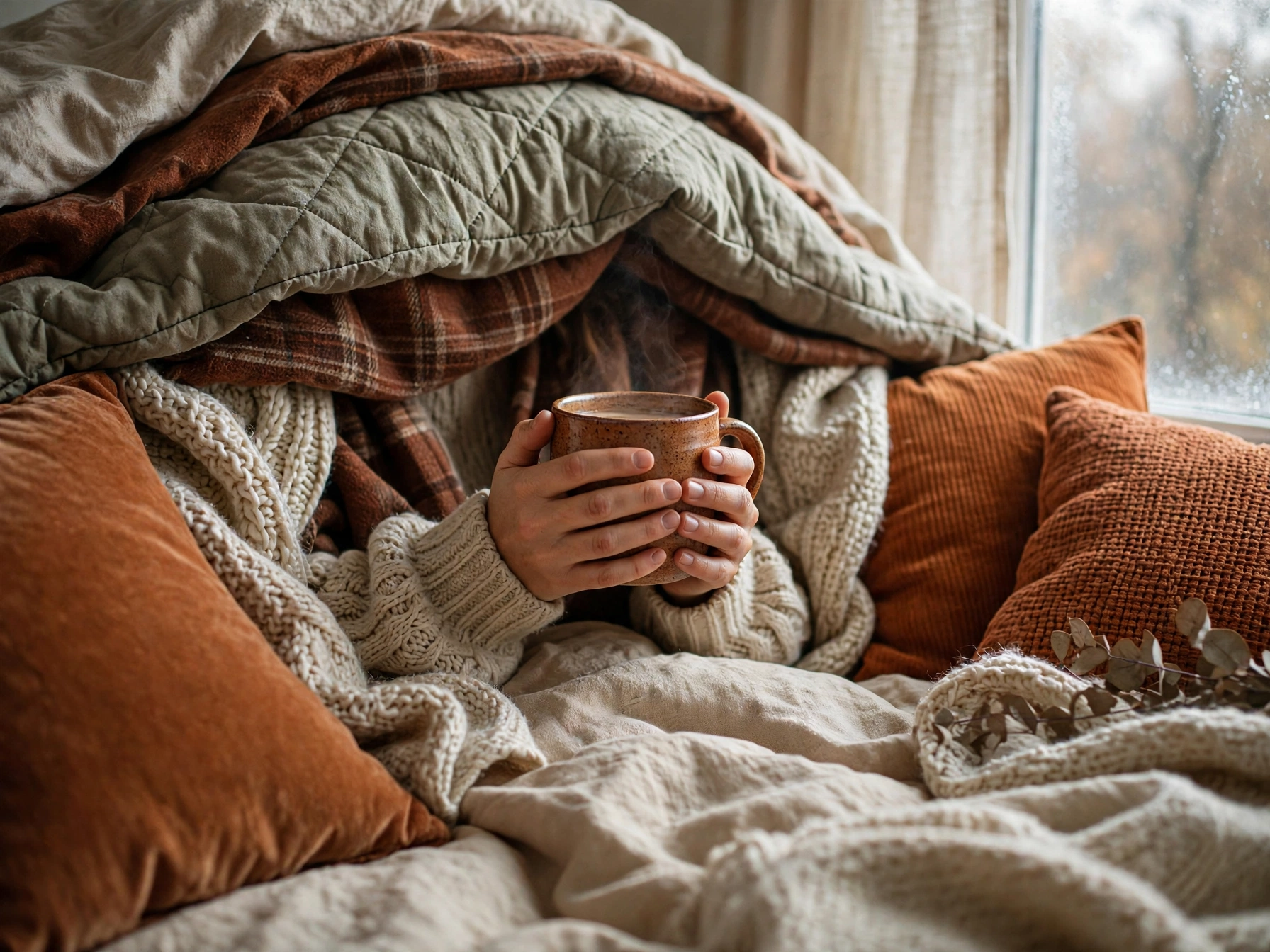Person under fall bedding holding a warm drink on a cold morning
