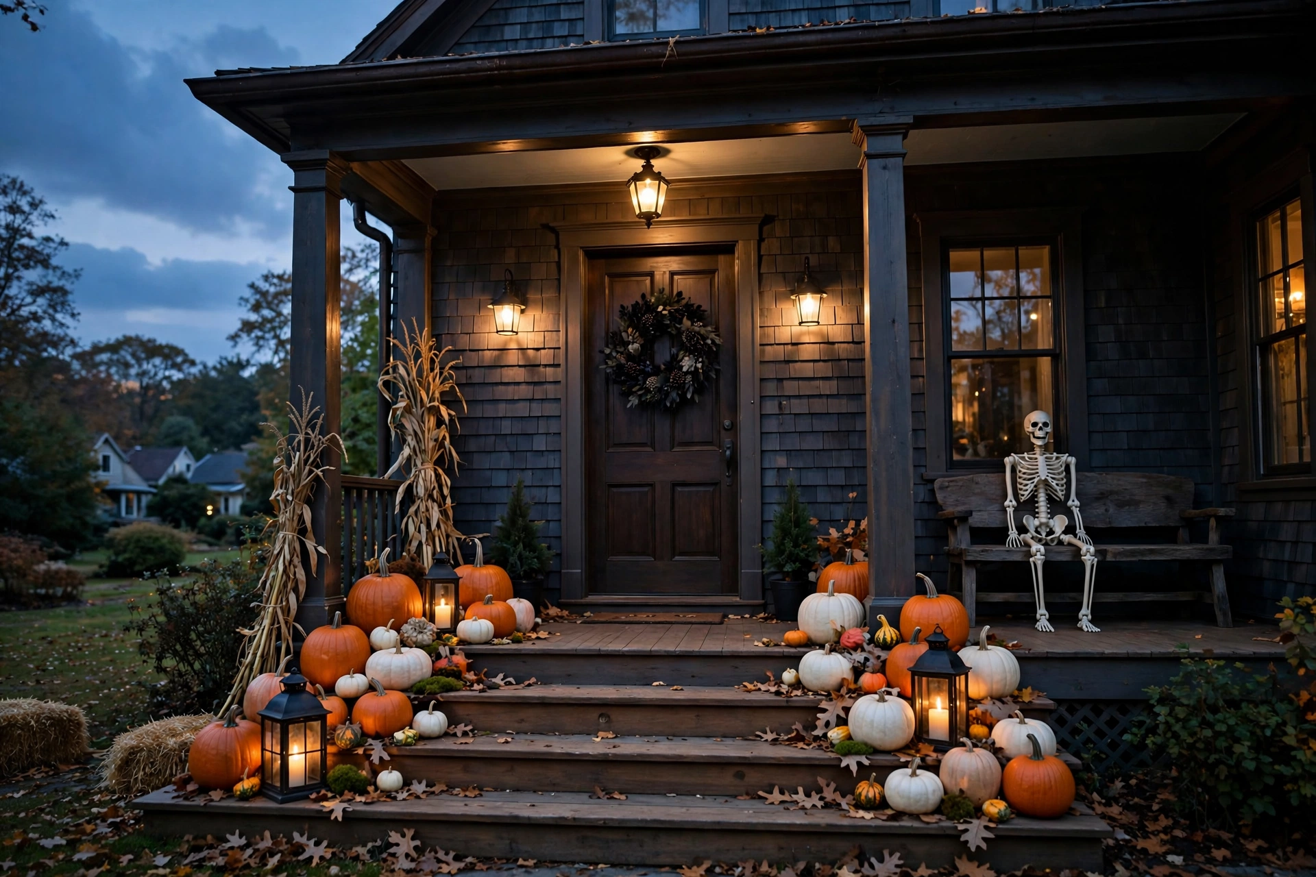 halloween decorations checklist front porch with pumpkins and lanterns