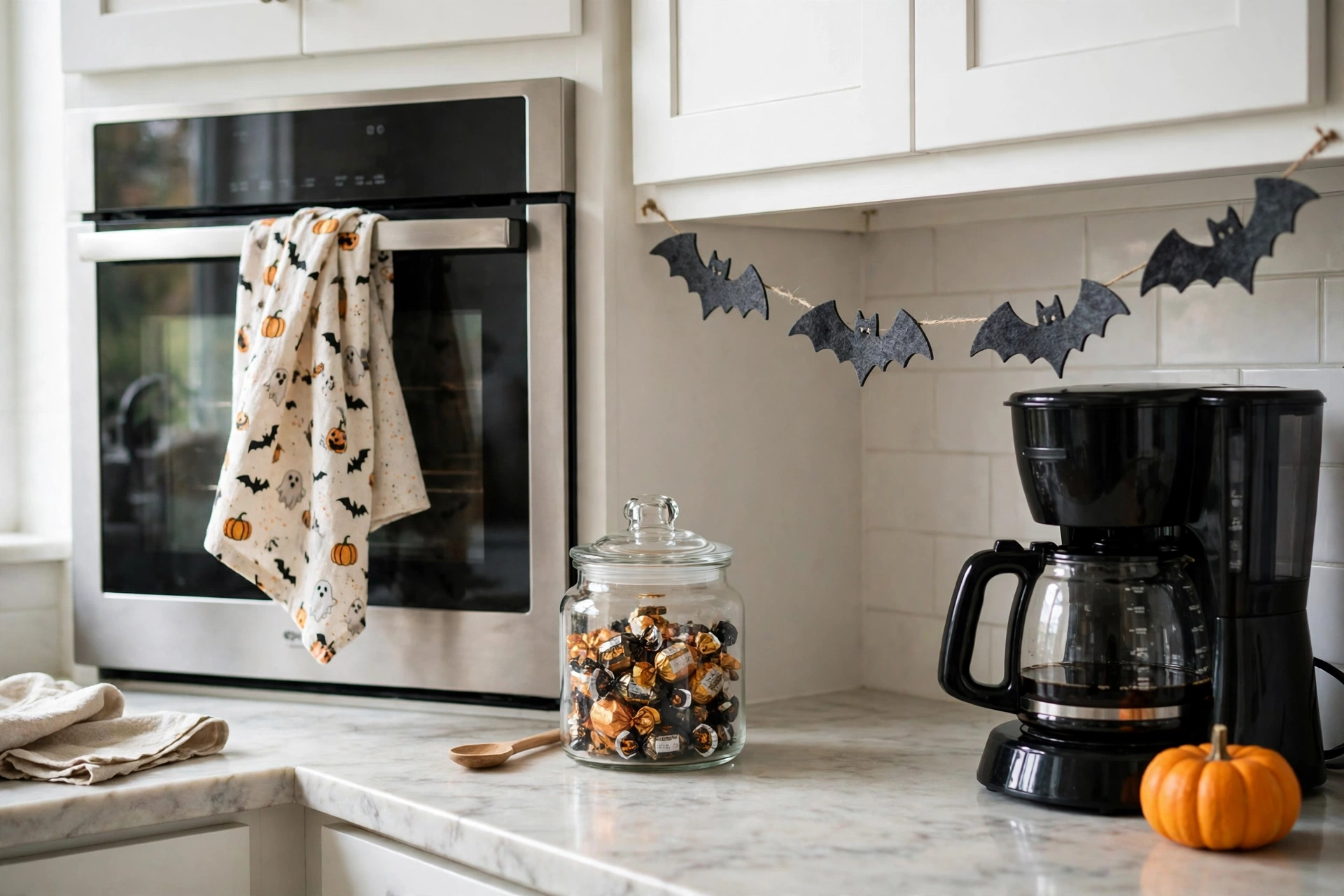 halloween kitchen decor on counter