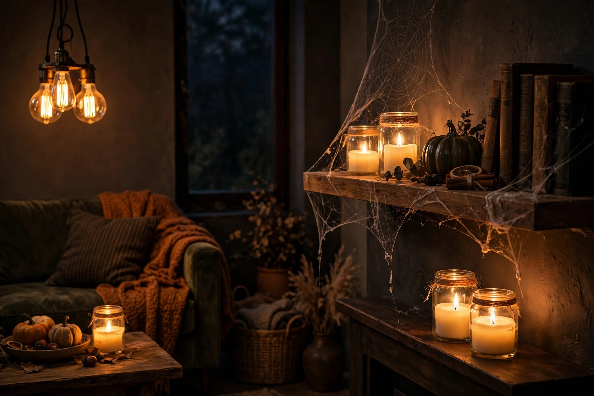halloween decorations with warm LED candle lighting