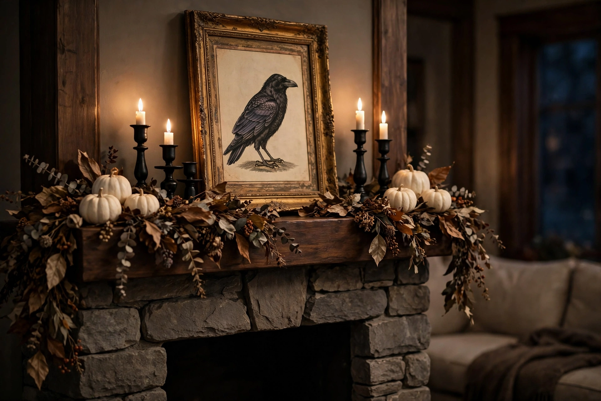 indoor halloween mantel decor with candles and garland