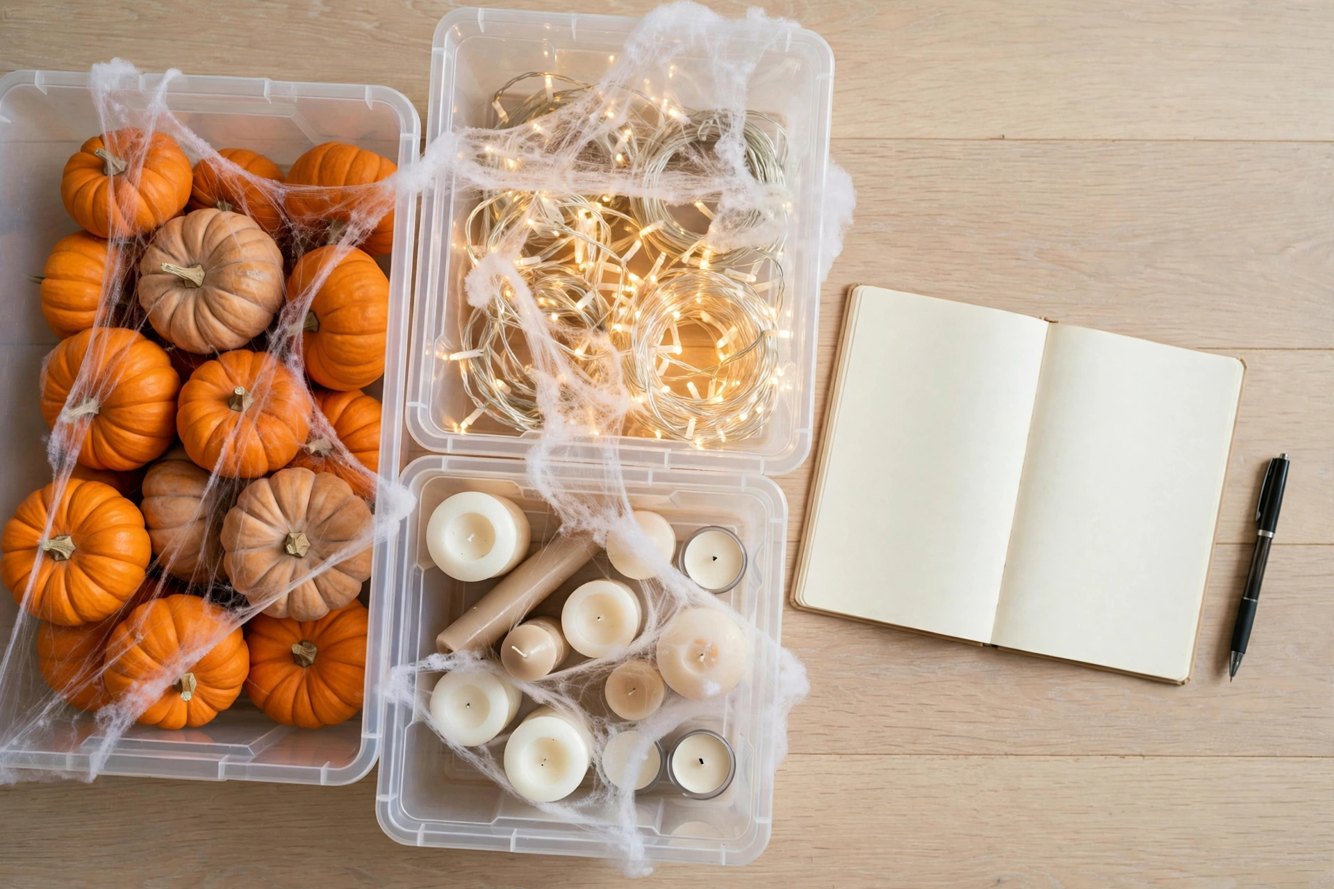 planning halloween decorations with a checklist and storage bins
