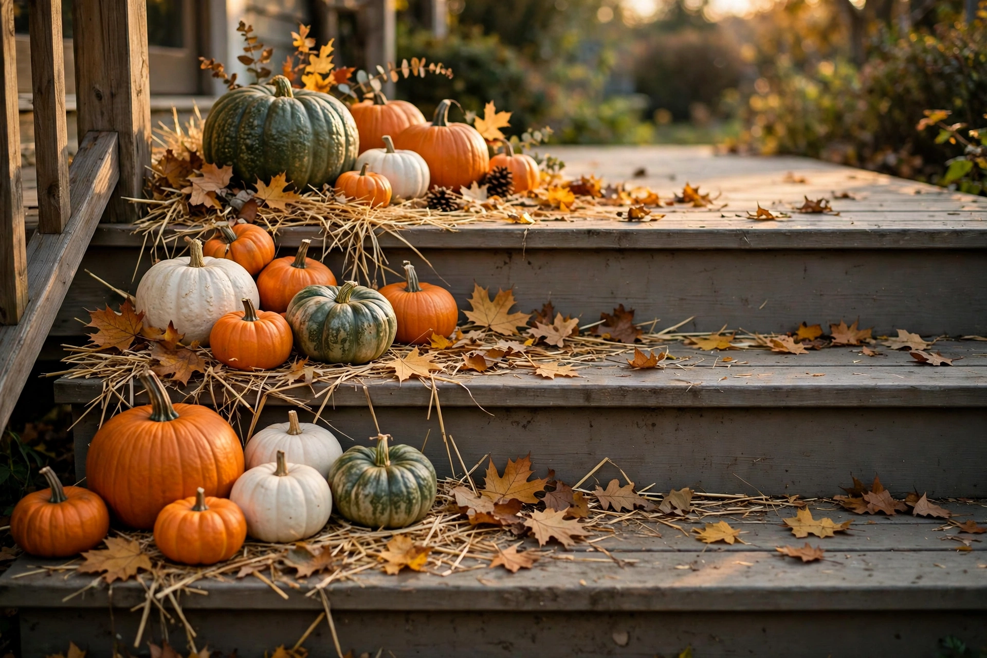 pumpkins grouped in odd numbers on porch steps