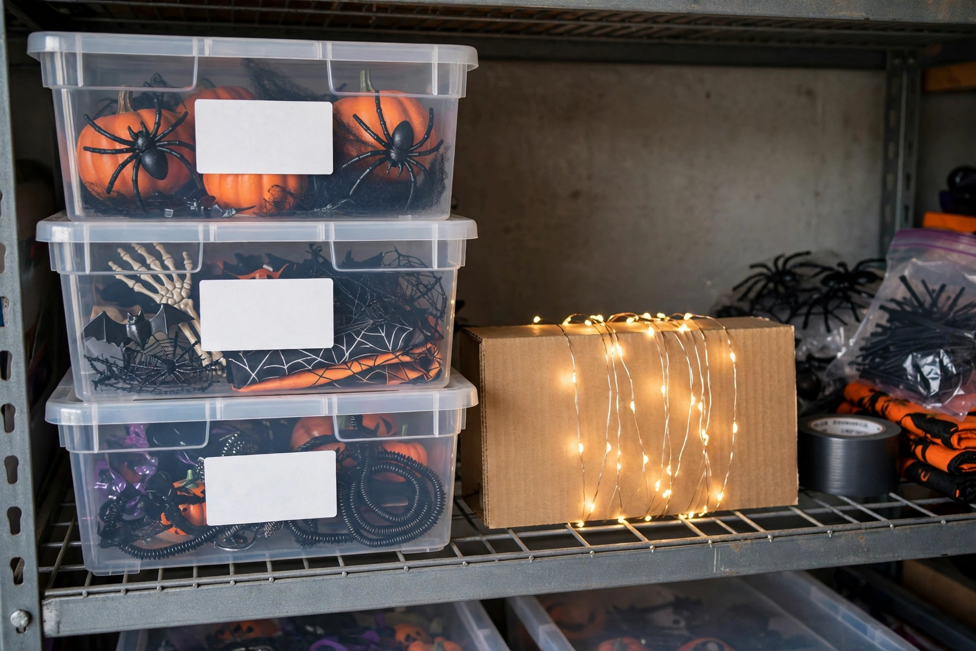 halloween decorations storage bins labeled by room