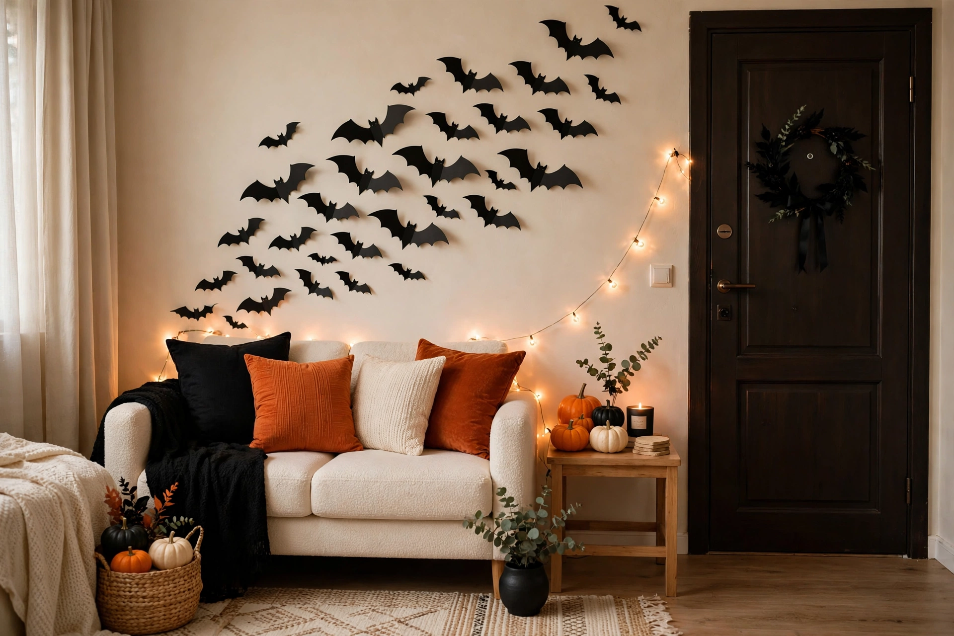 small halloween decorations in a cozy apartment living room