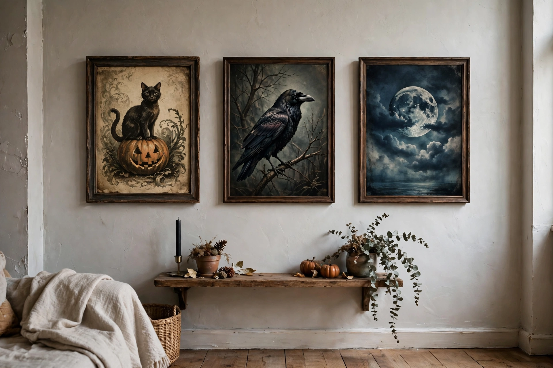 spooky gallery wall swap with vintage Halloween art in a small apartment