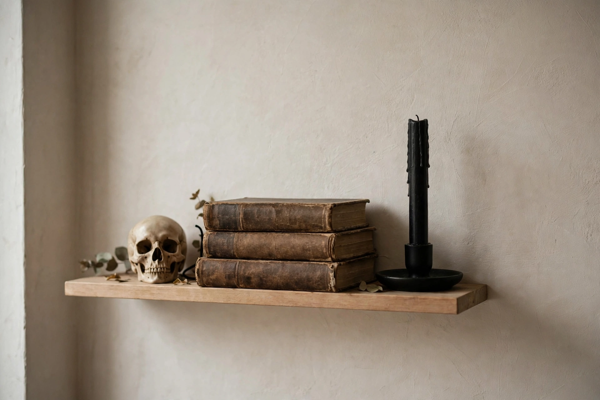 Halloween shelf vignette with a skull and black candle in a small space