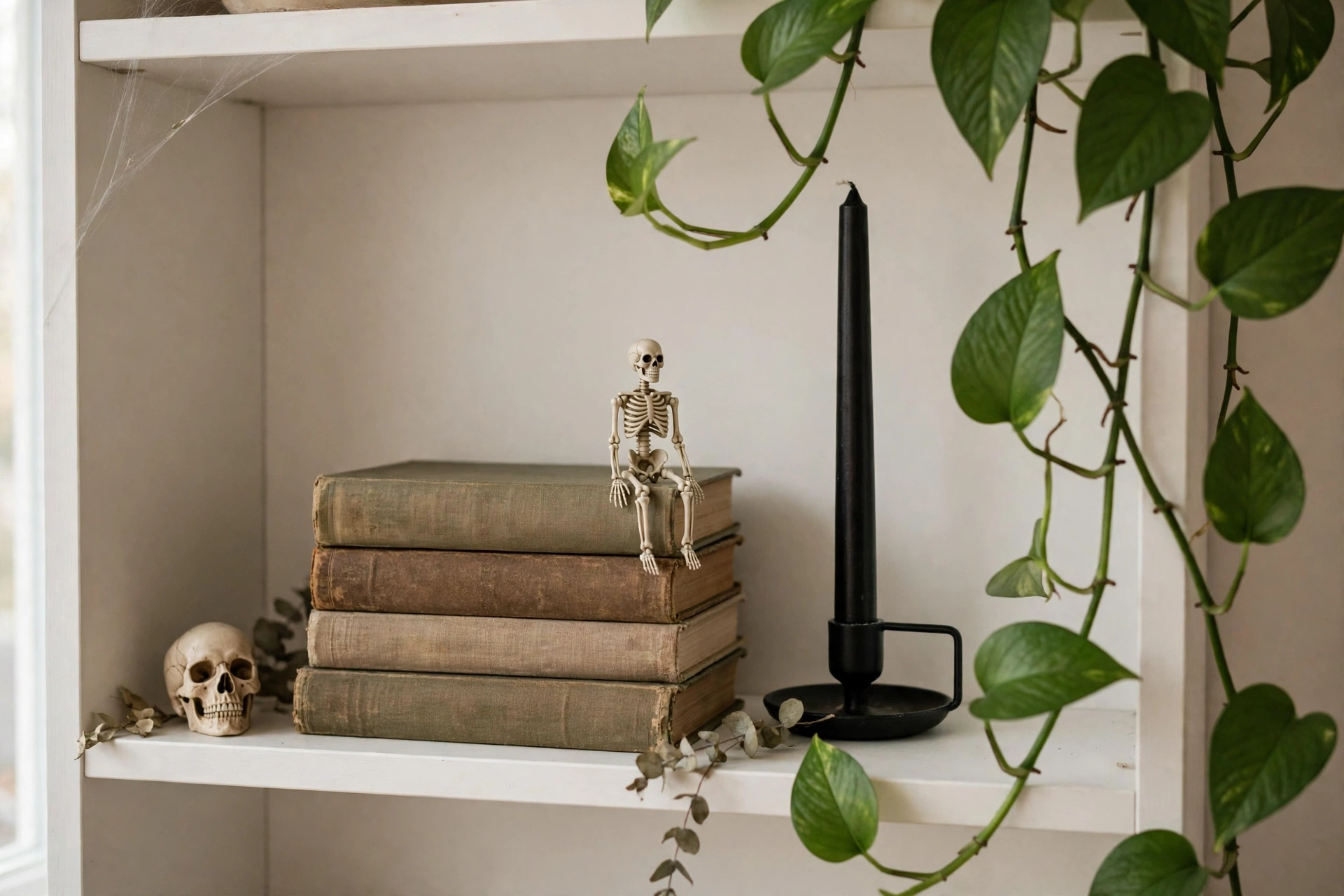 halloween shelf decor for small spaces with tiny skeleton
