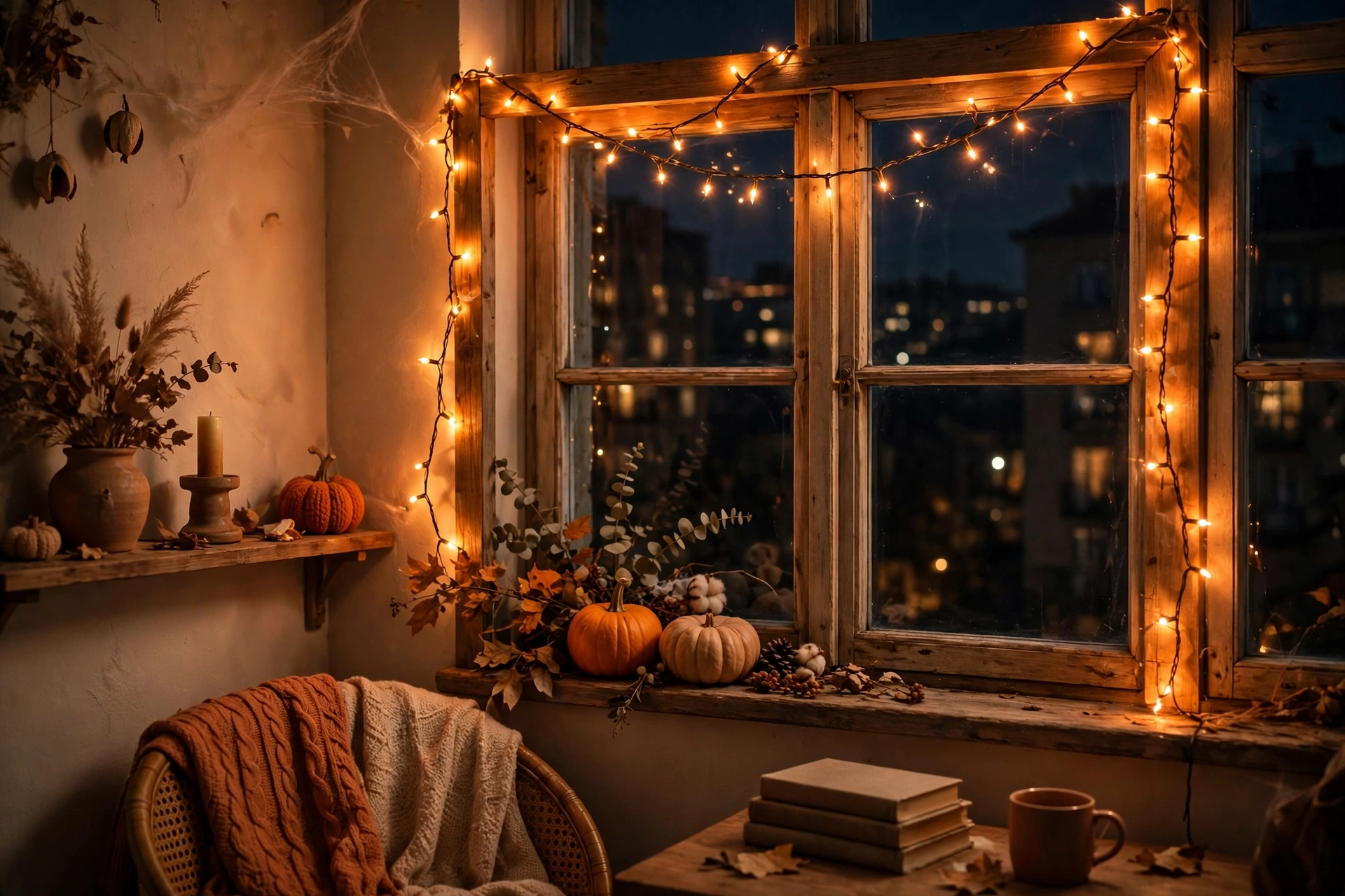 halloween window silhouettes and orange string lights