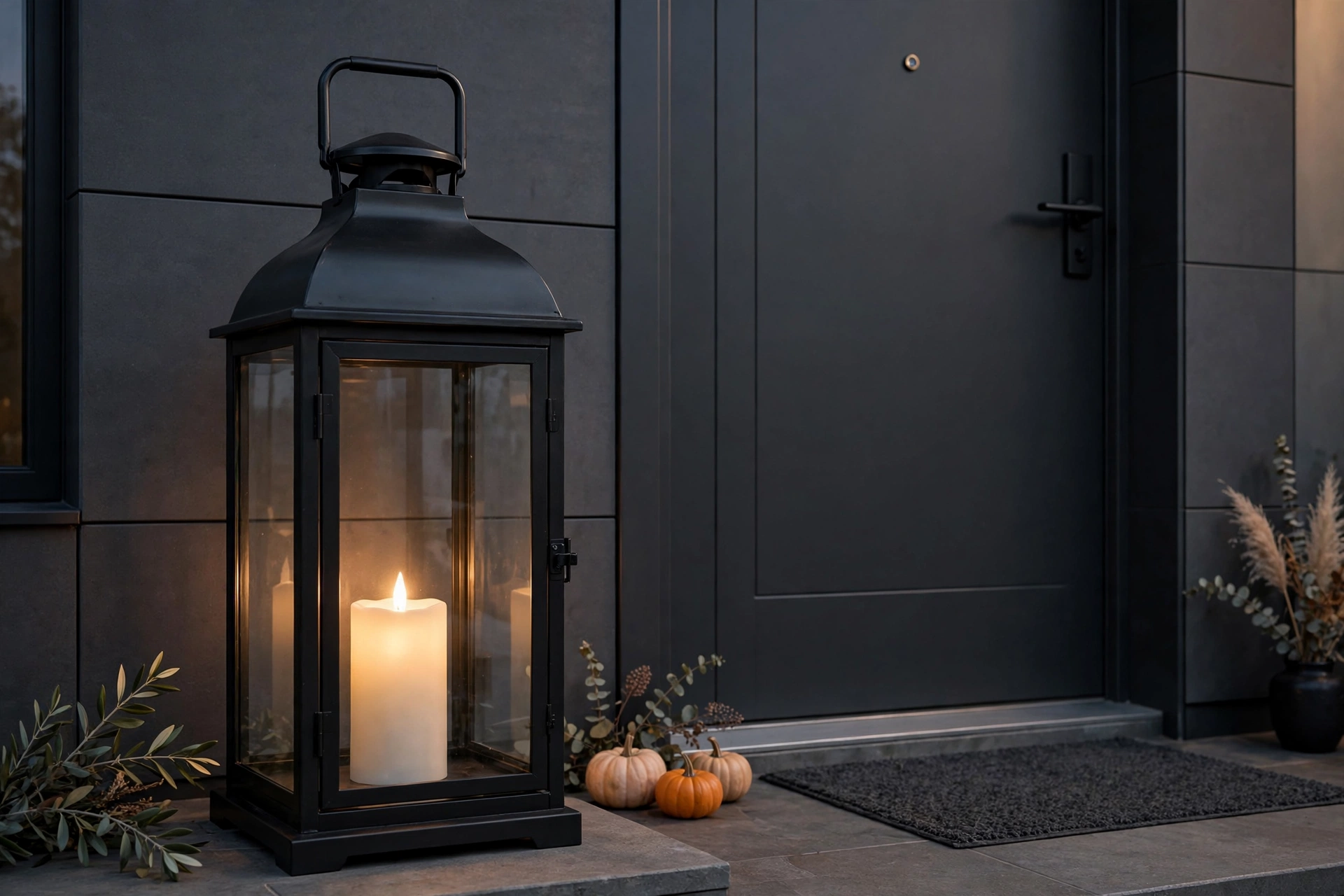 single large black lantern by an apartment door for Halloween