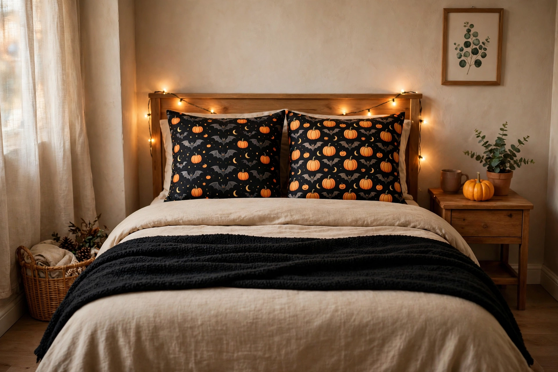 small bedroom halloween decorations with pillows and string lights