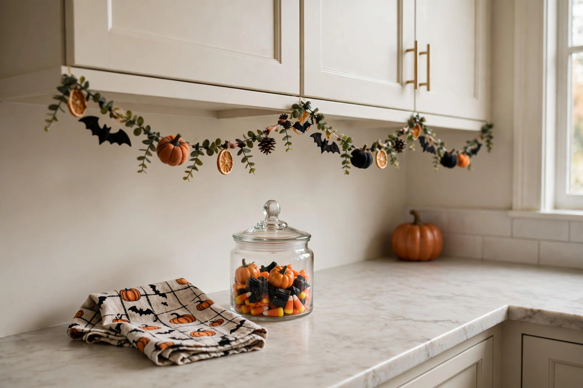 small kitchen Halloween touches with a candy jar and dish towel
