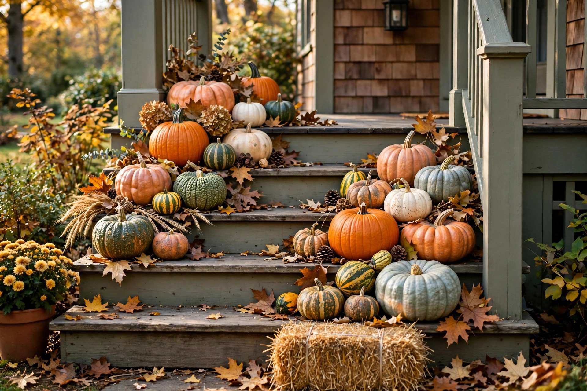 layered pumpkin display on front porch steps for Halloween