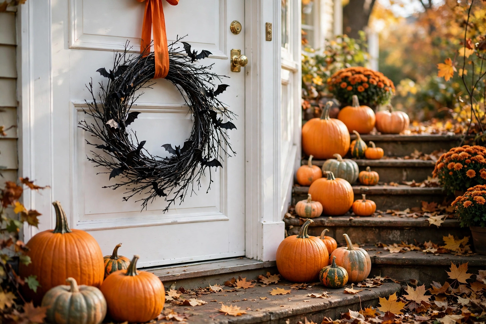 halloween door decorations with black branch wreath and pumpkins