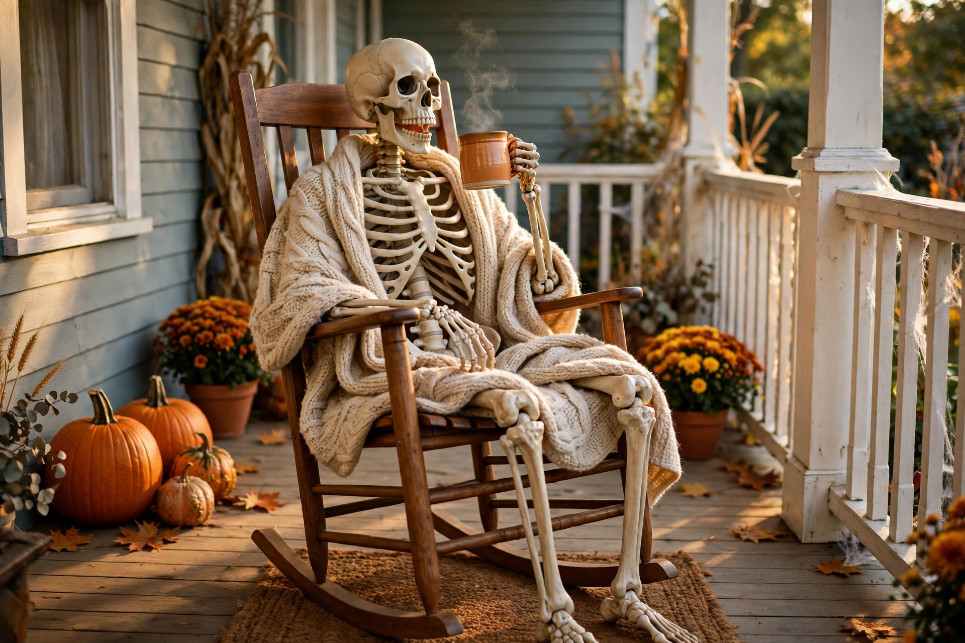 skeleton sitting in a rocking chair on a Halloween porch