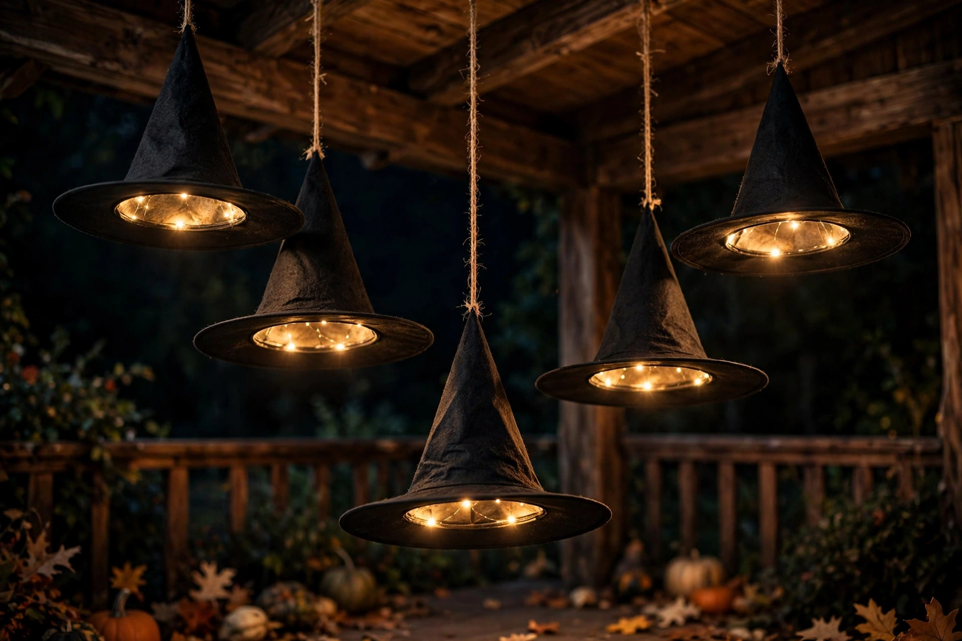 floating witch hat luminaries glowing on a porch ceiling