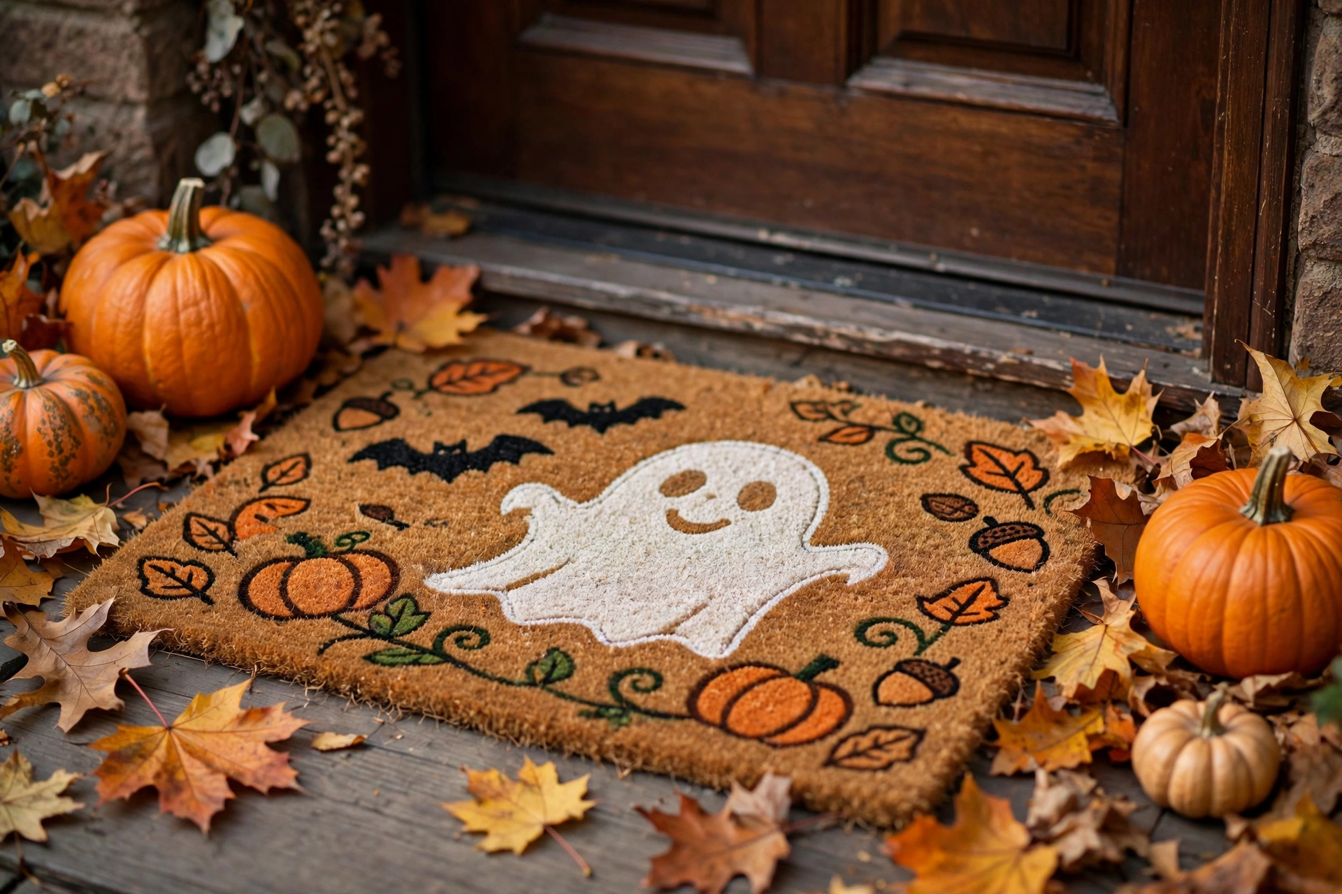 spooky Halloween doormat with pumpkins at a front door