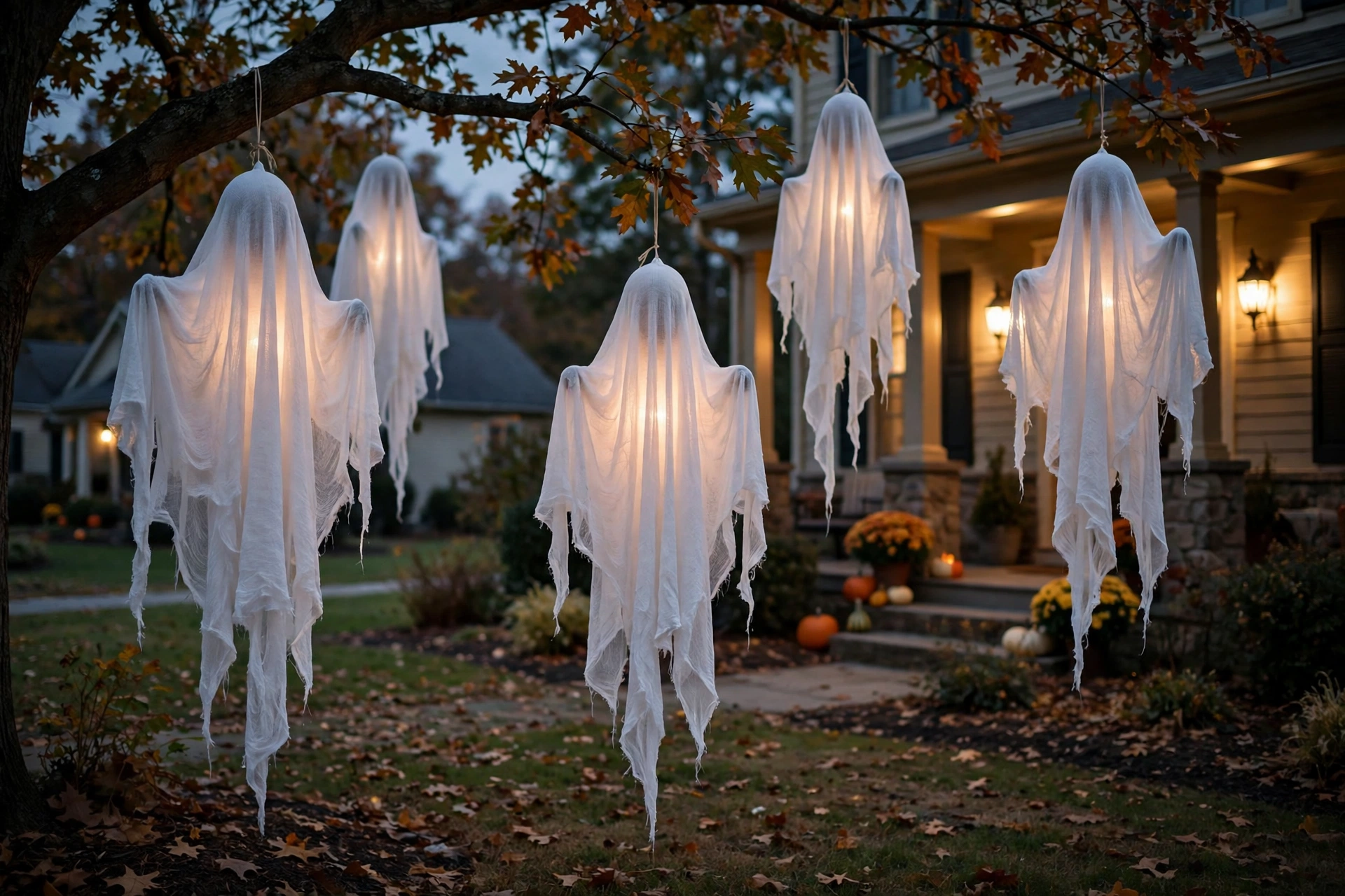 white cheesecloth ghosts hanging from tree branches for Halloween
