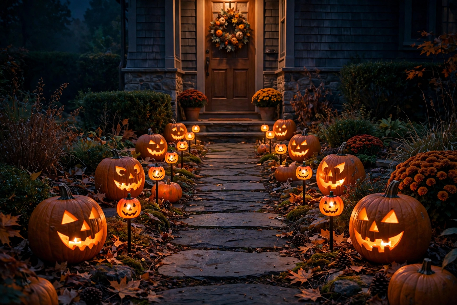 glowing jack-o'-lanterns lining a walkway at night for Halloween