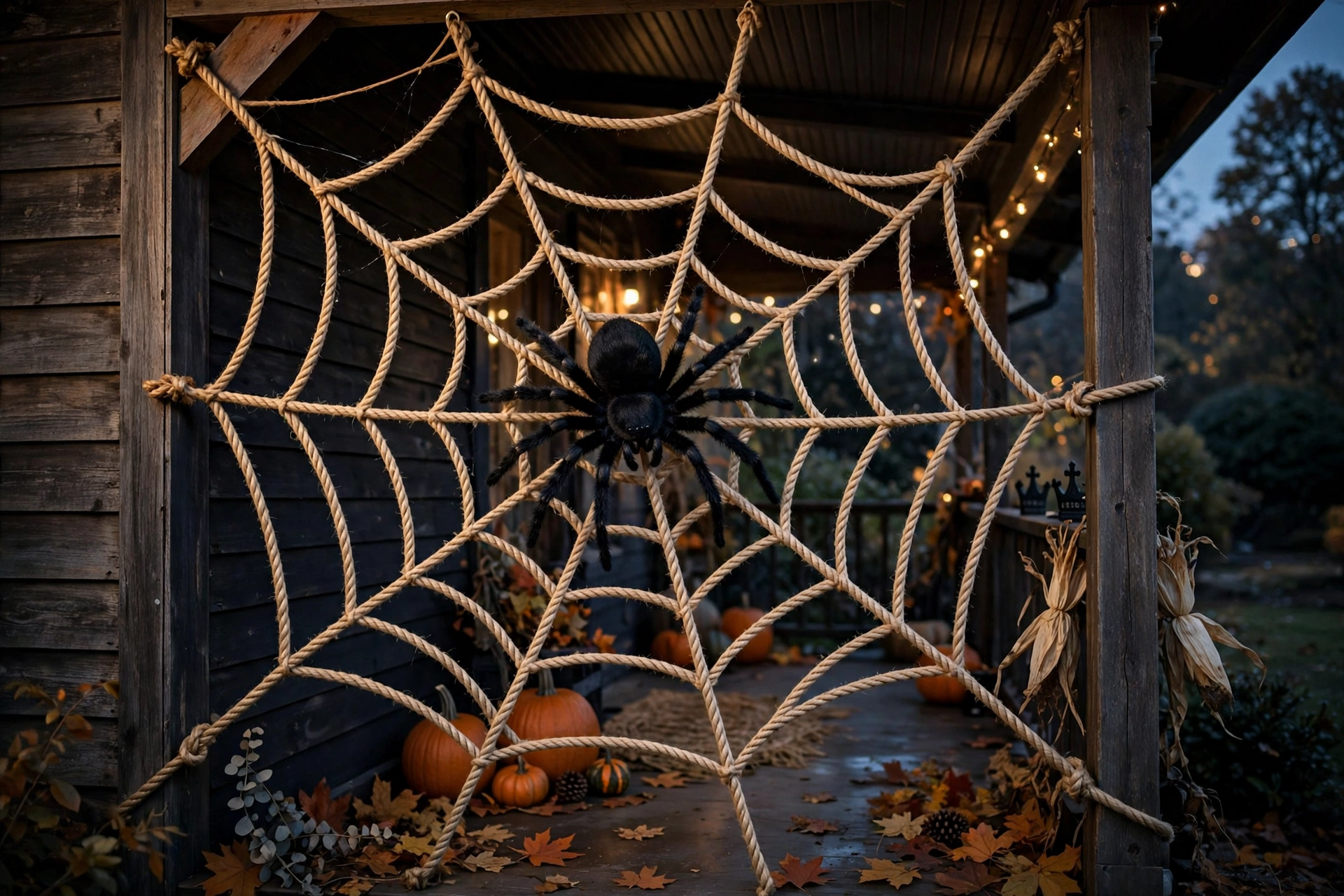 giant spider web with an oversized spider on a porch