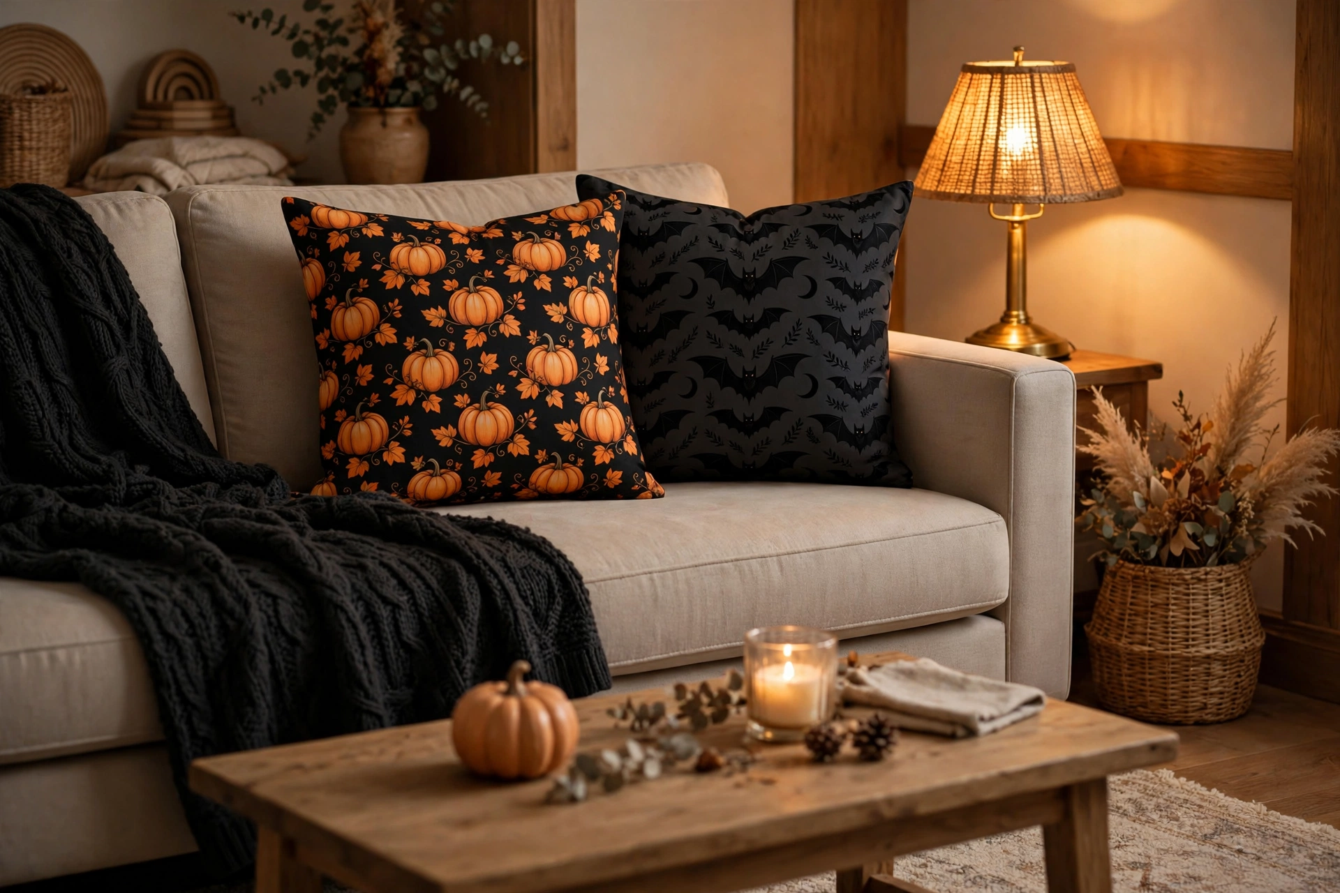 Halloween pillow covers and a black throw on a cozy sofa