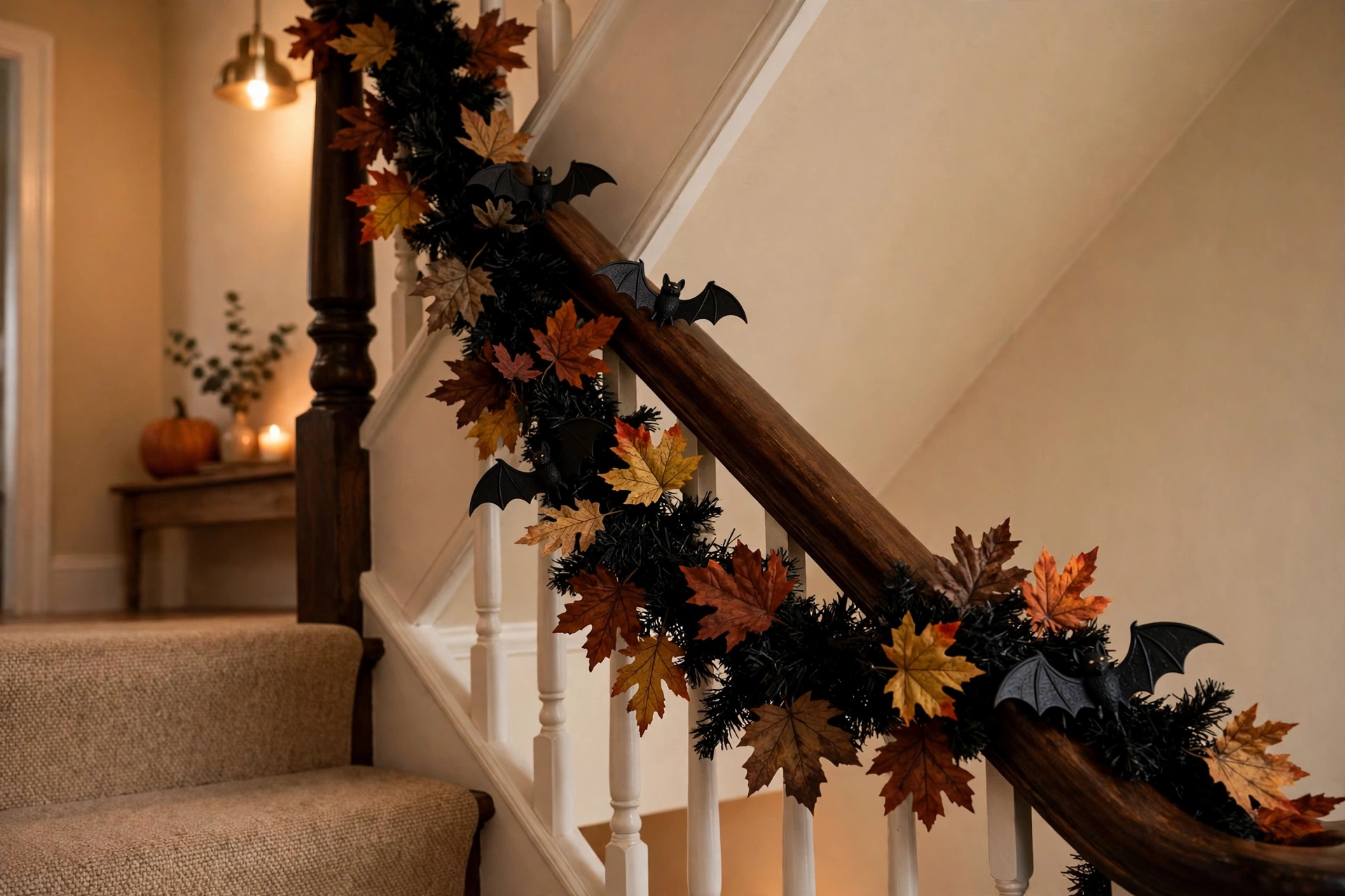 staircase banister wrapped with black garland and bats for Halloween
