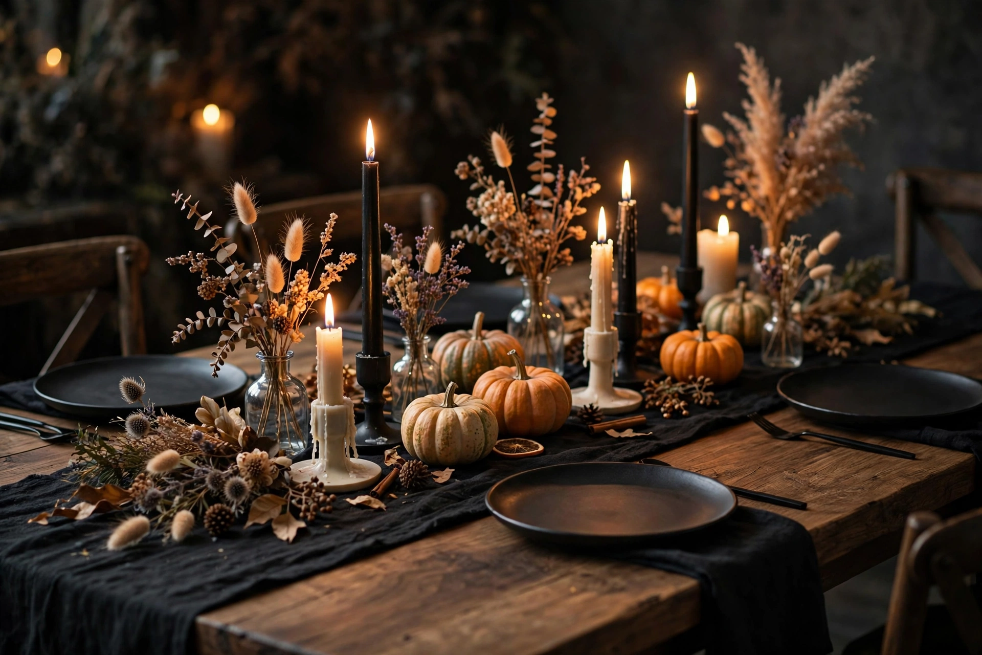 halloween table decorations with black runner and mini pumpkins