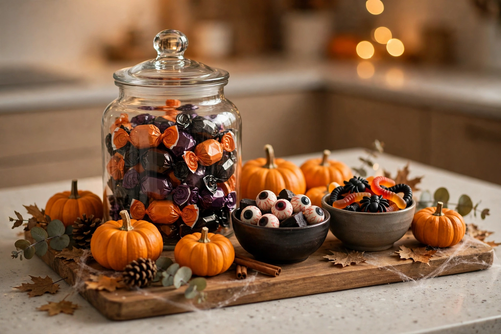 Halloween candy station with a glass jar and treats on a tray