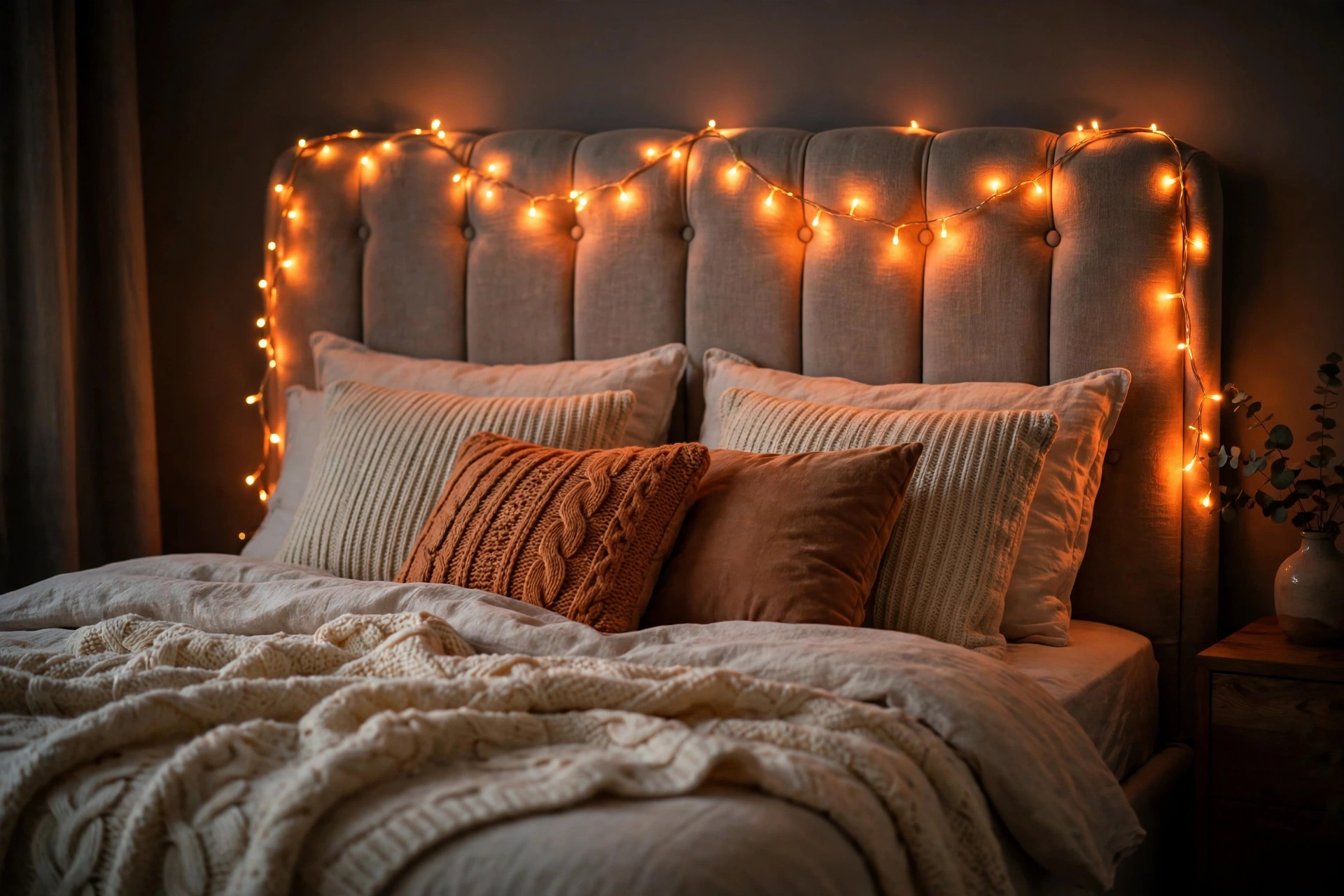 orange fairy lights glowing on a bedroom headboard for Halloween