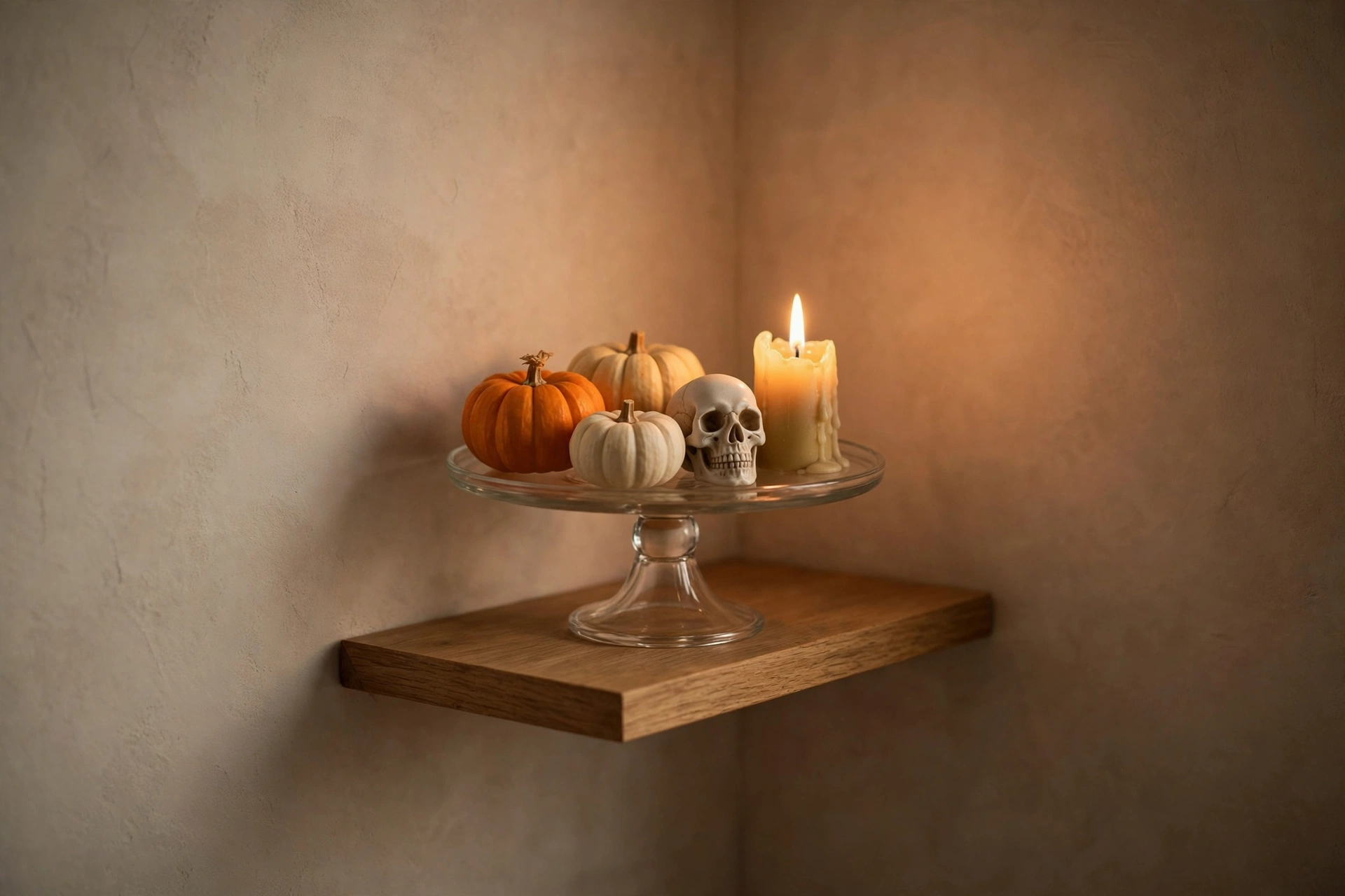 mini Halloween display with tiny pumpkins on a cake stand in a small apartment