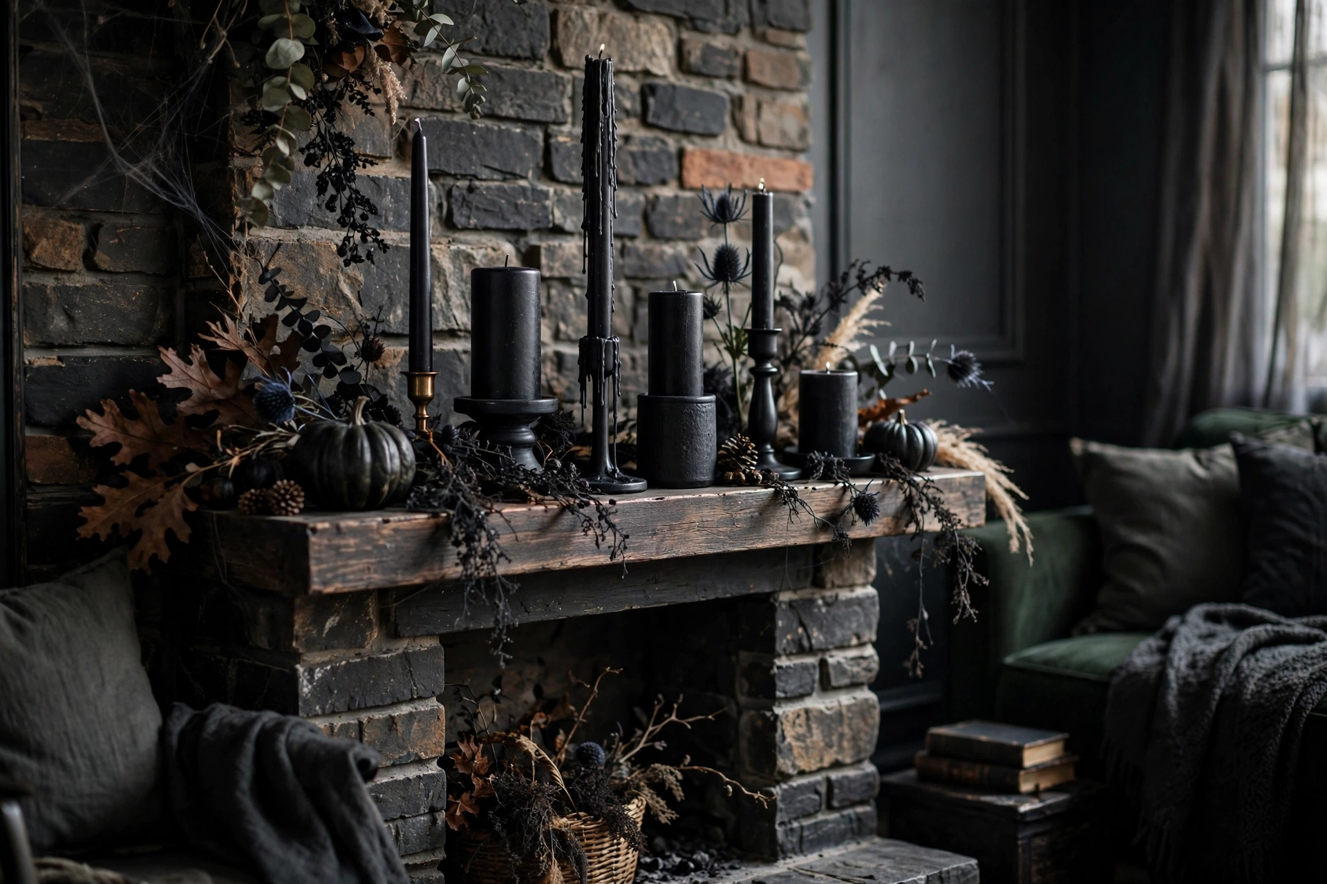 black candles simple halloween decorations on a mantel
