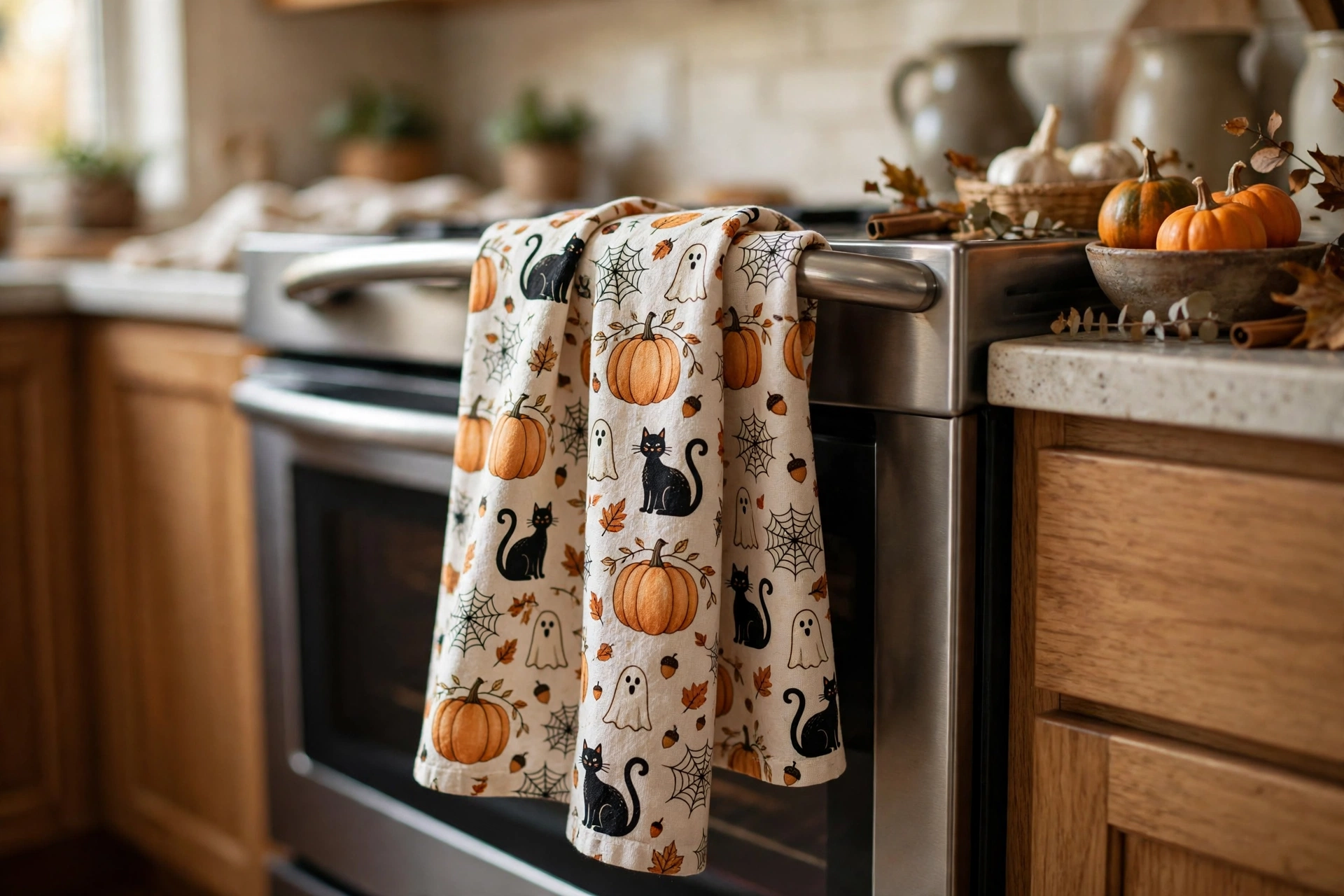 Halloween dish towel on an oven door quick kitchen decor