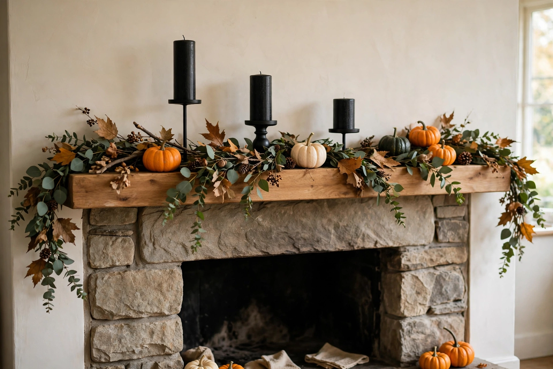 styled mantel with garland and black candles for Halloween