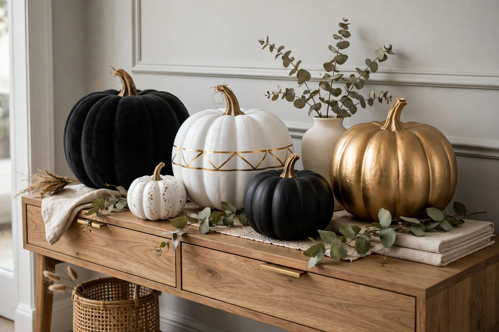 painted pumpkins in black white and gold easy halloween decorations