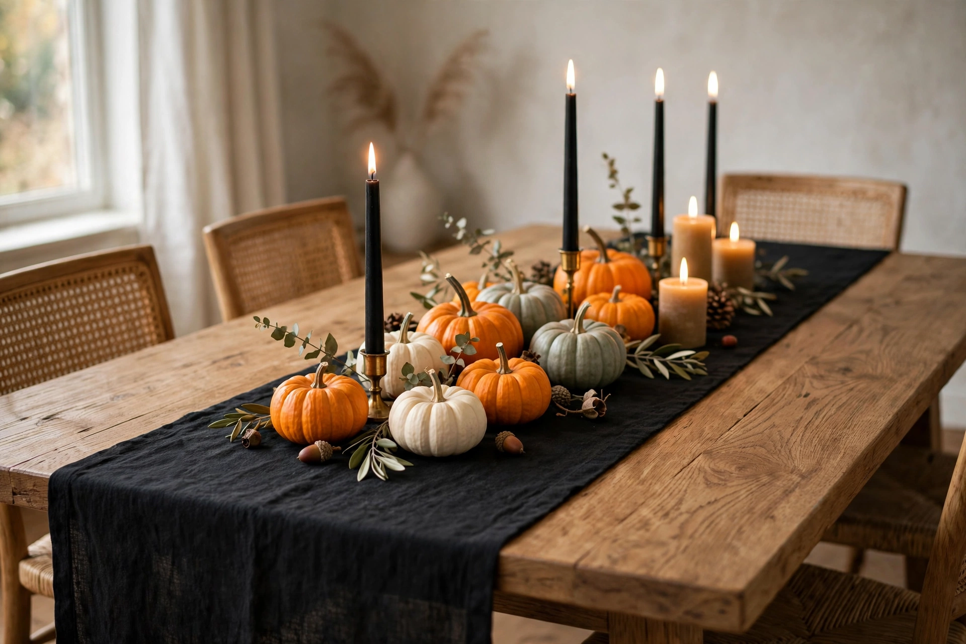 spooky table runner with mini pumpkins and candles