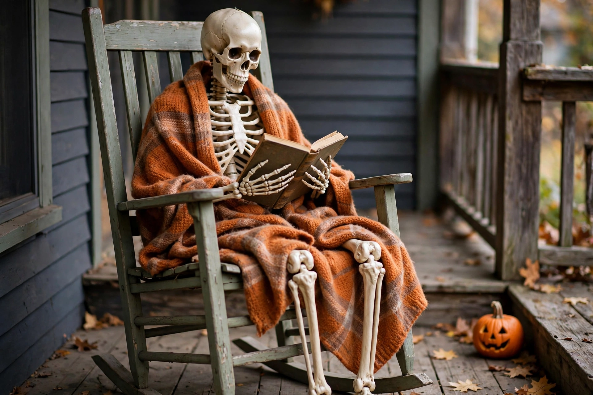 skeleton sitting in a porch chair halloween decorations
