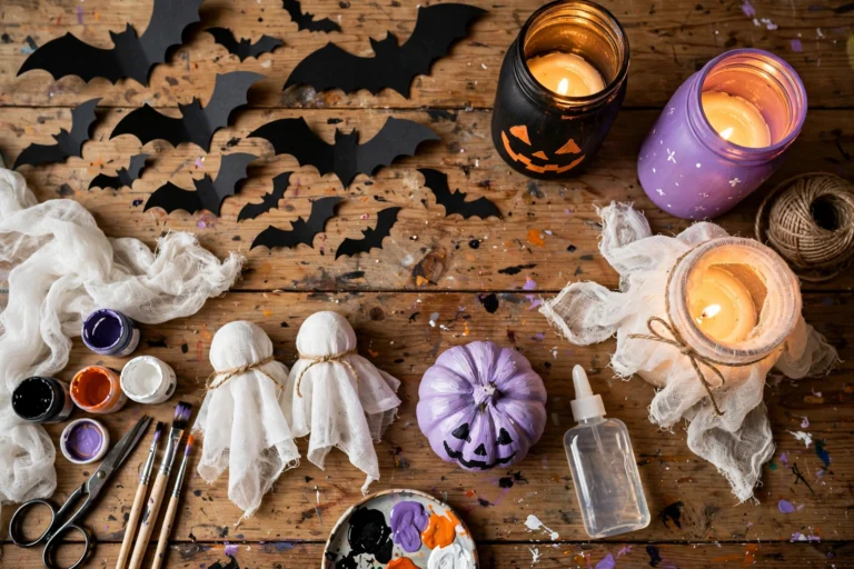 diy halloween decorations on a crafting table