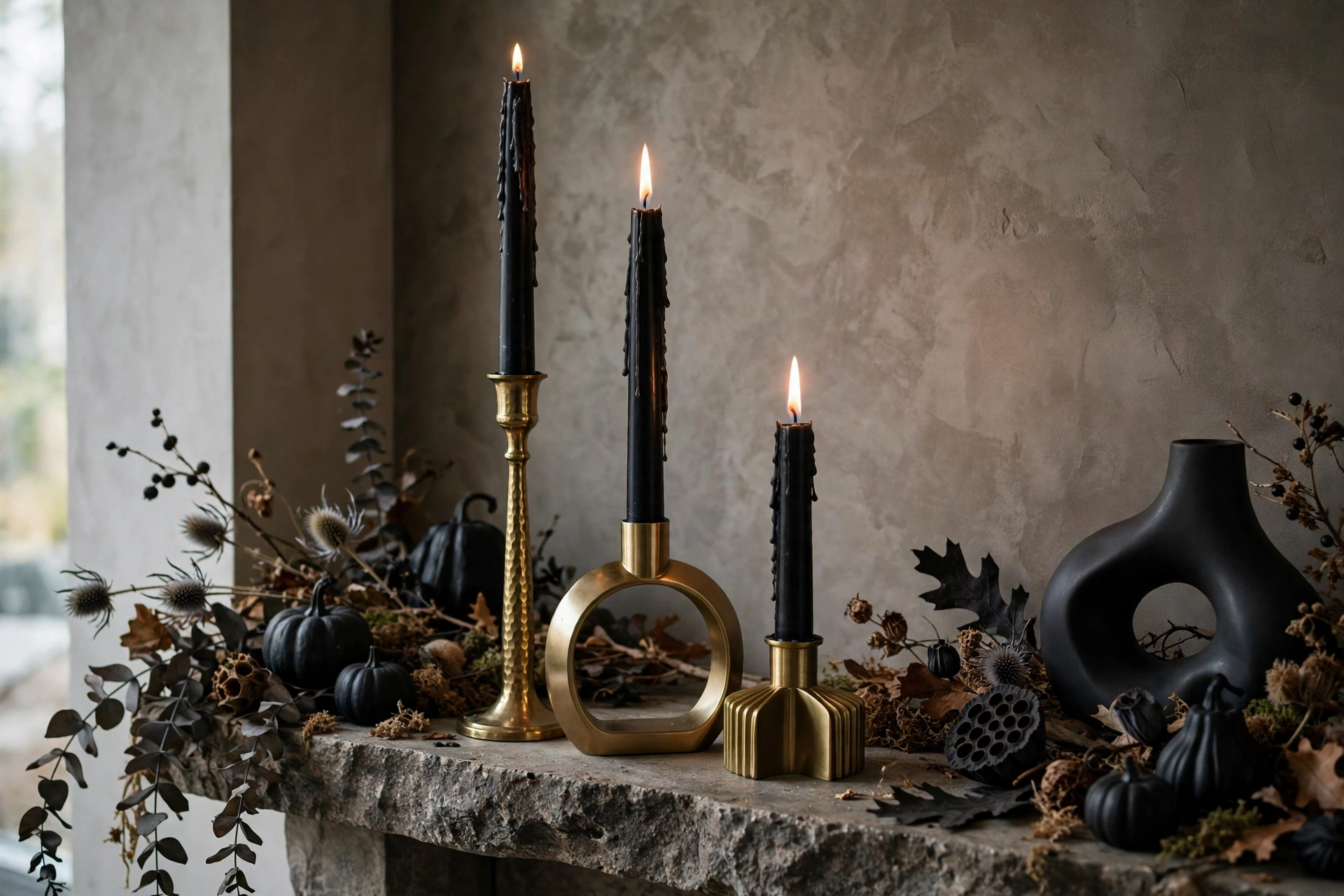 black taper candles modern halloween mantel decorations