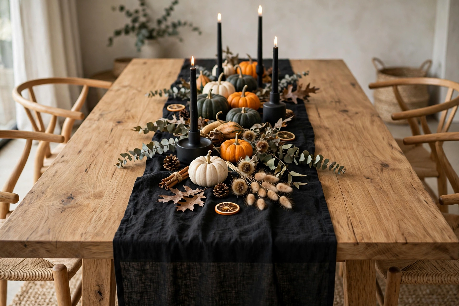 modern halloween table with linen runner and matte pumpkins