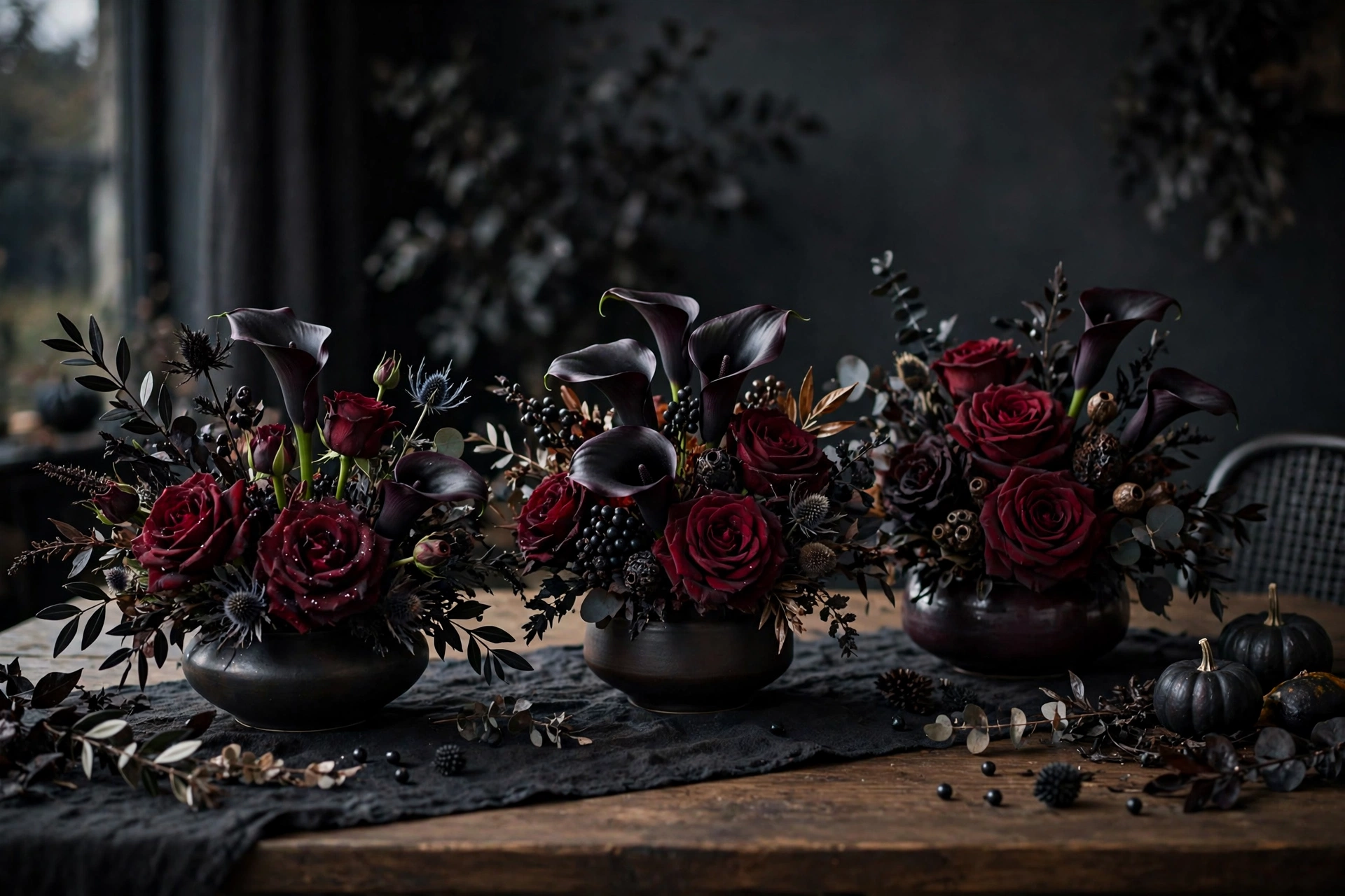dark floral arrangement modern halloween dining decorations