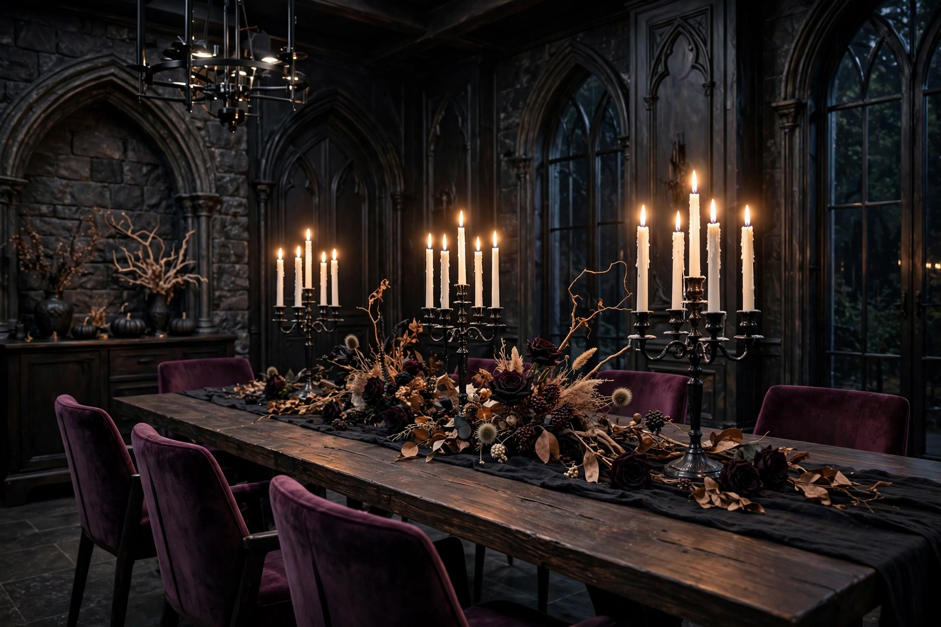 chic gothic modern halloween decorations with velvet and dark florals