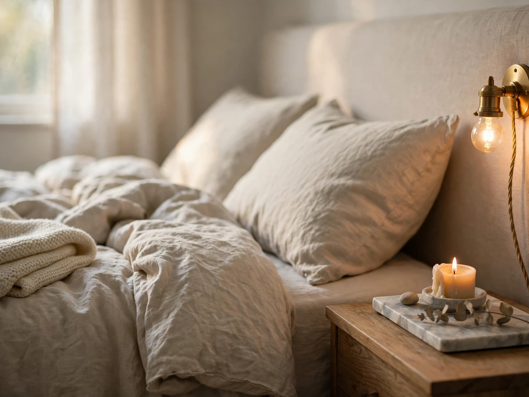 budget friendly bedroom decor linen bedding and wall sconce