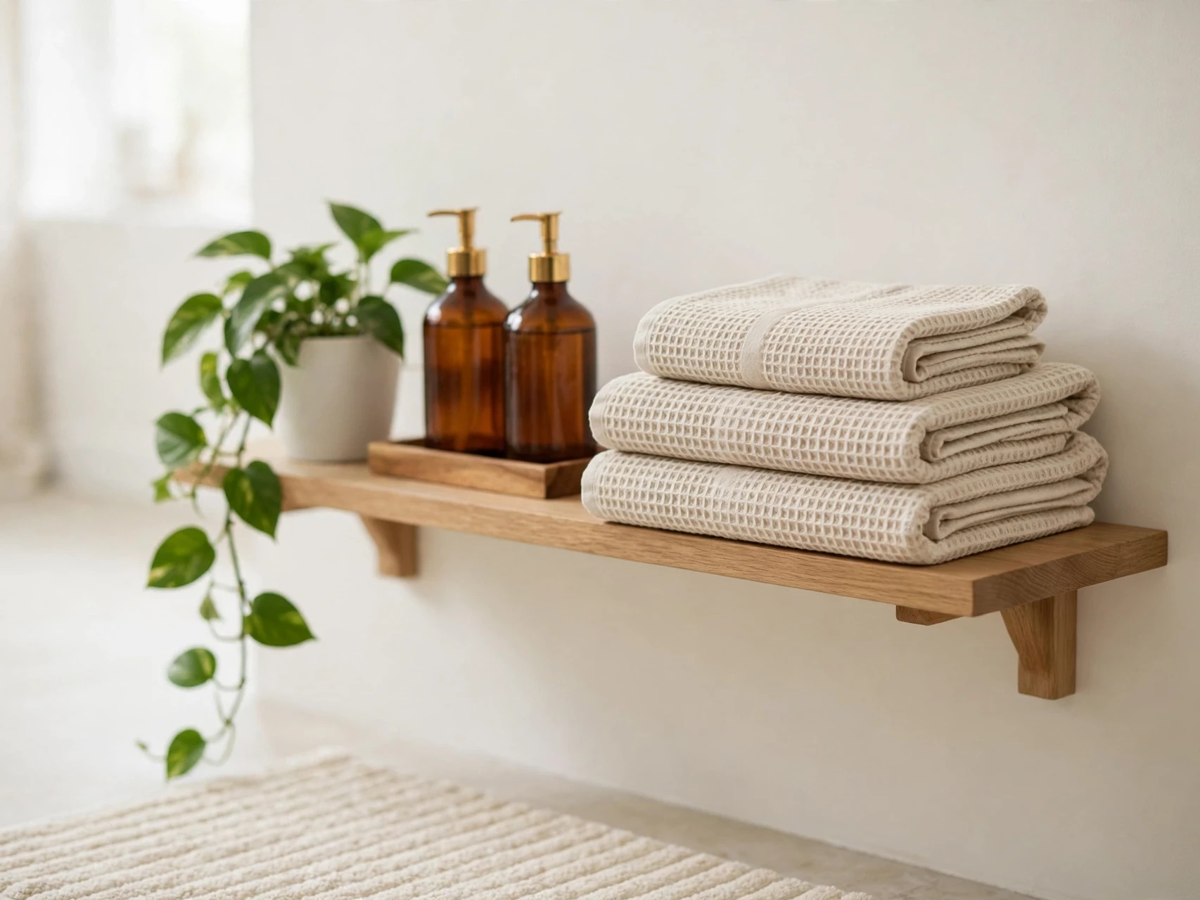 affordable bathroom decor waffle towels and amber dispensers