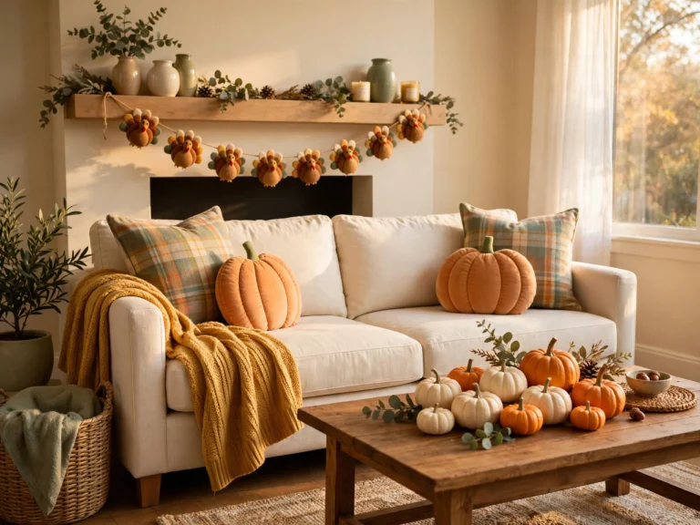 cute thanksgiving home decor in a cozy living room