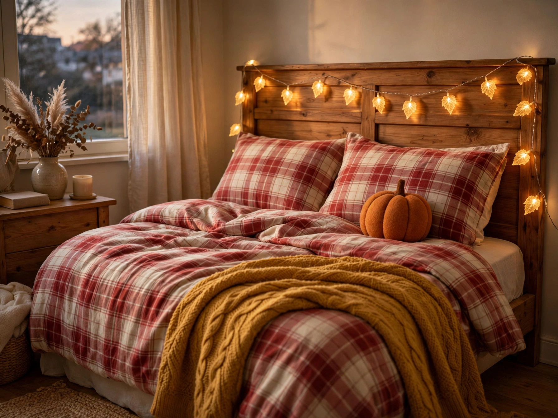 cute thanksgiving bedroom decor plaid flannel and leaf lights