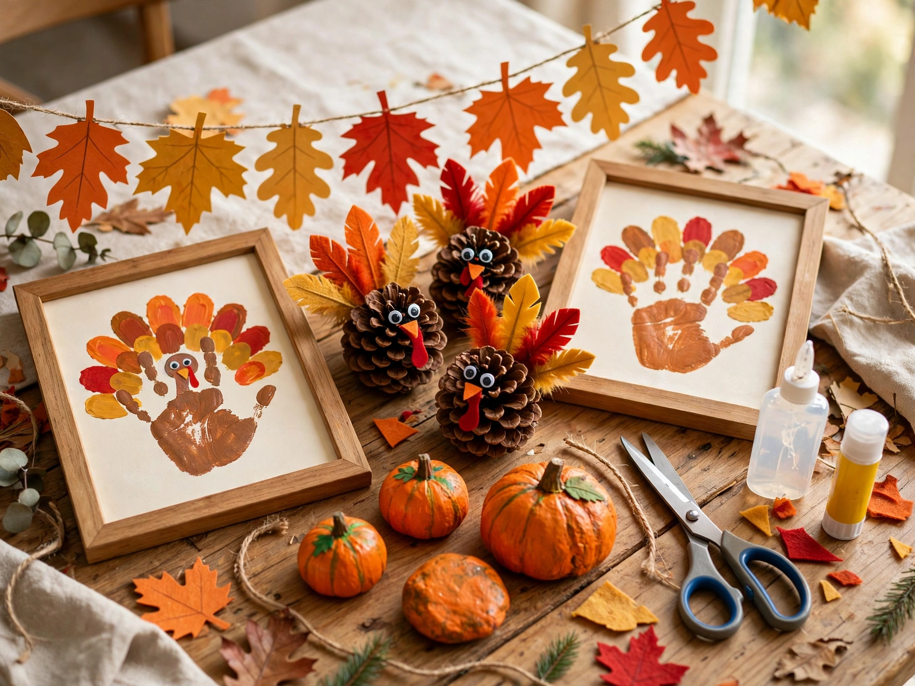 kid friendly cute thanksgiving decor crafts handprint and pinecone turkeys