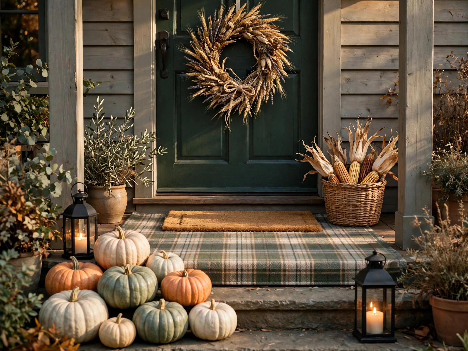 best thanksgiving porch decorations heirloom pumpkins and wheat wreath